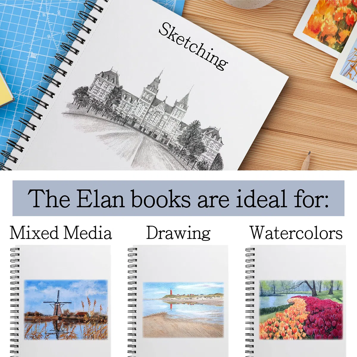 Elan cuaderno de bocetos de acuarela A4, 15 hojas/30 páginas de 280 g/m², papel de acuarela 100% algodón, encuadernado en espiral