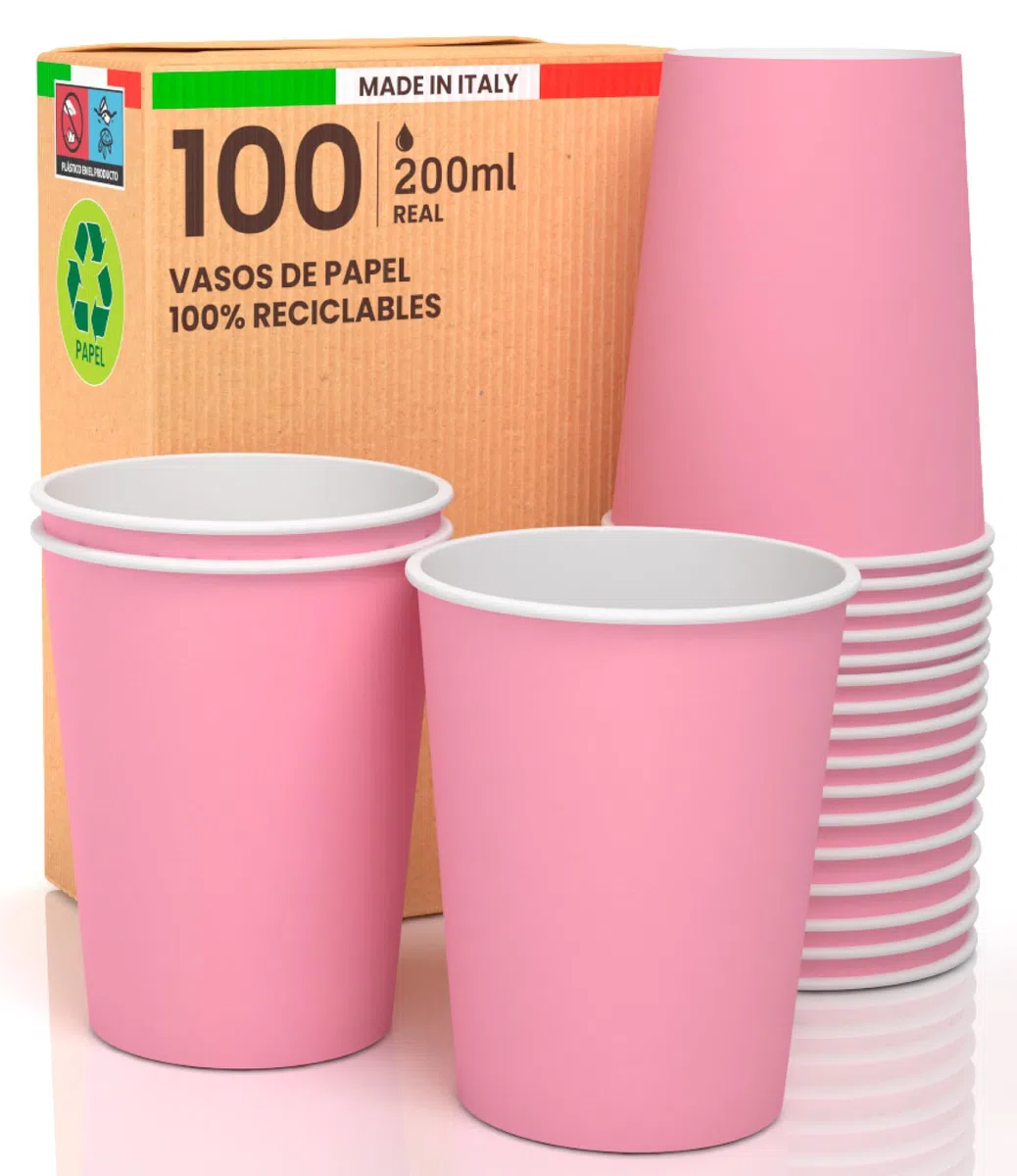 Juego de 100 vasos desechables de cartón de 200 ml, ecológicos y biodegradables, fabricados en Italia, bebidas calientes, color rosa, fabricados y envasados en Italia