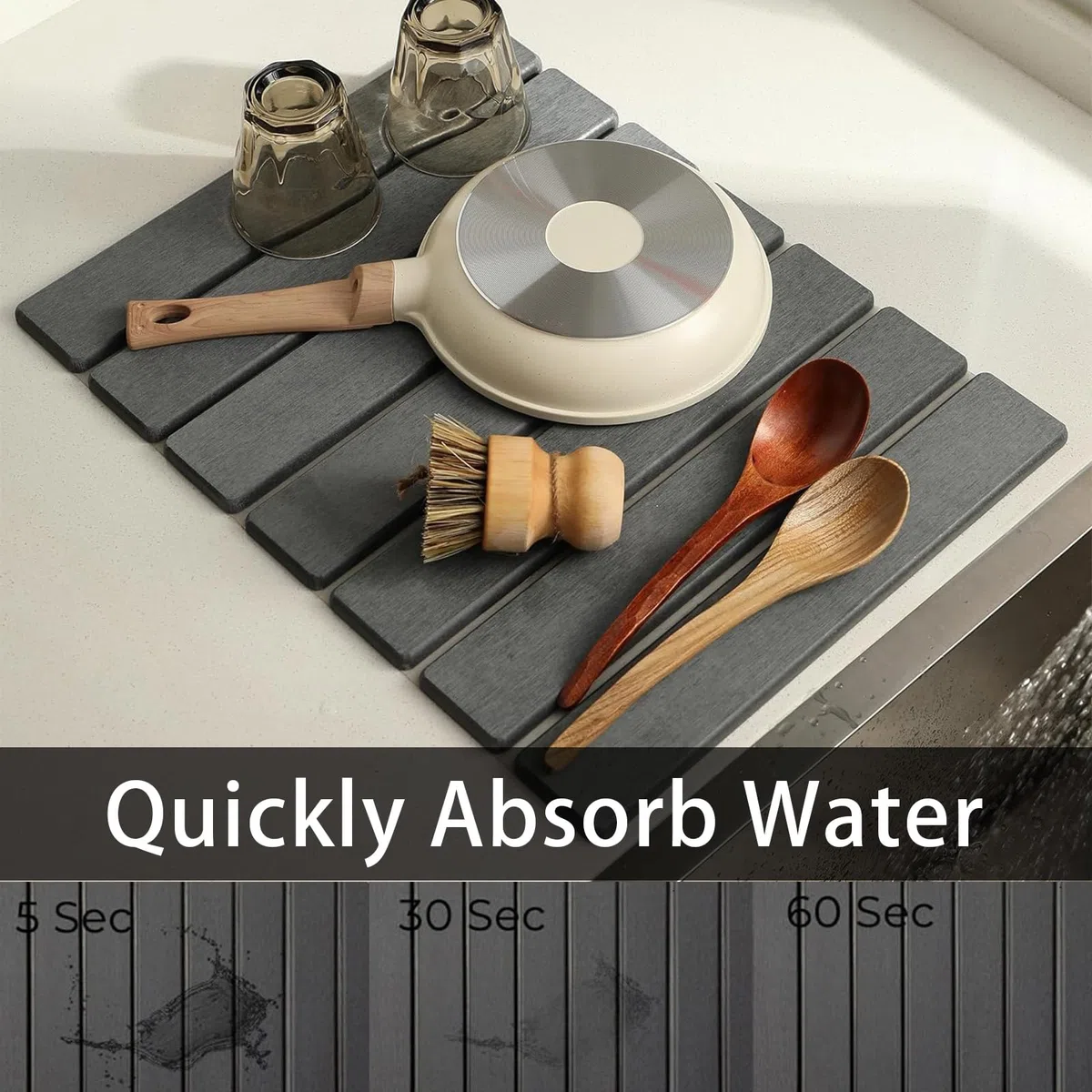 Alfombrilla Escurreplatos, 60 x 40 cm Tapetes para Secado de Platos para Encimera de Cocina, Plegable de Secado Rápido Absorbente de Tierra de Diatomeas, para Platos, Botellas, Tazas