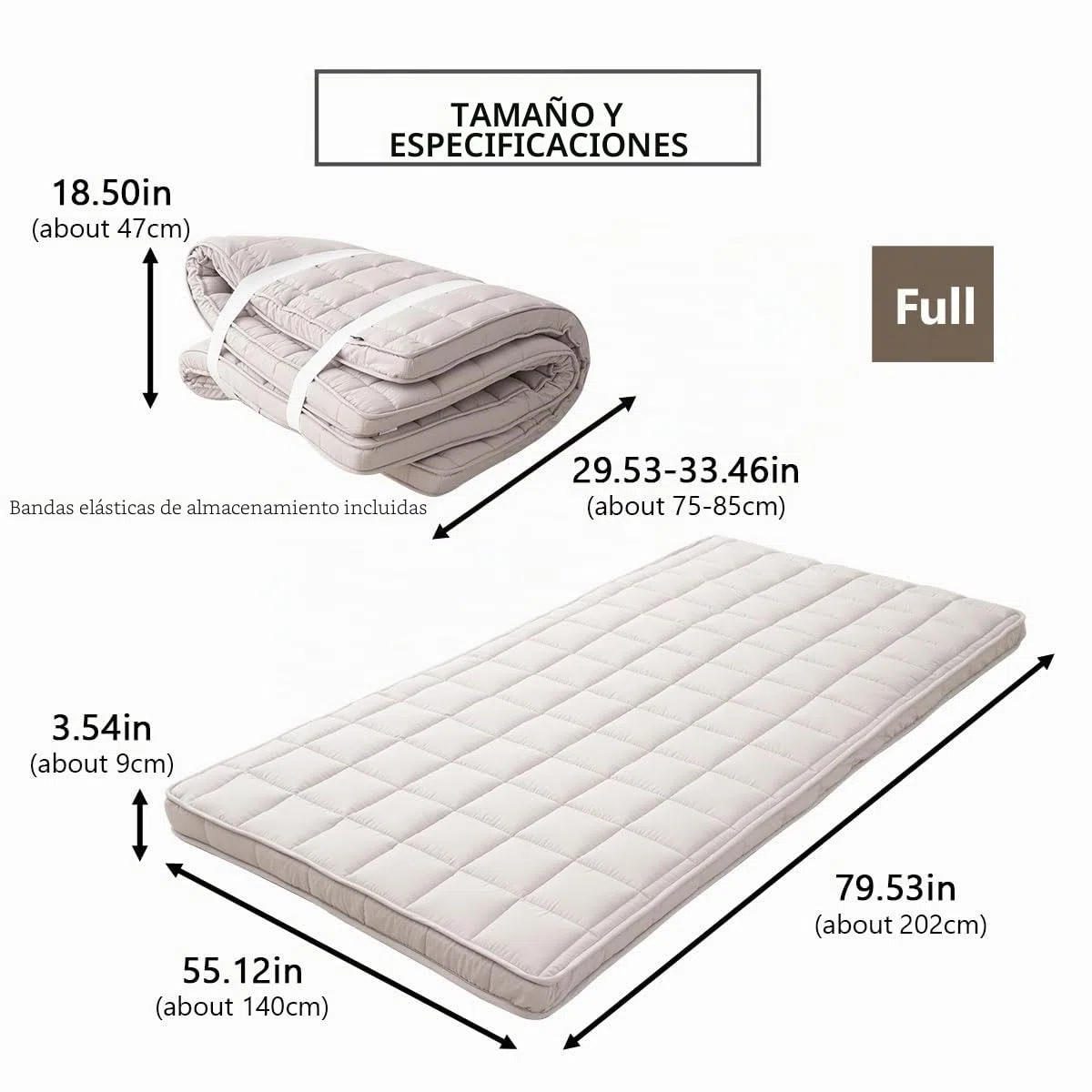 EMOOR Futón Japonés Plegable (Japanese Folding Futon Mattress) Acolchado Machi 140 x 202 cm Gris, Plegable con Correas Elásticas para Dormir en el Suelo Cama de Invitados Tatami