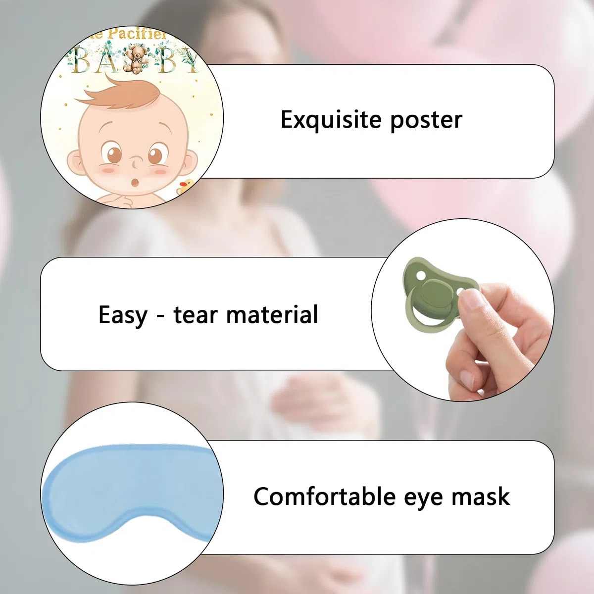 Juego de juegos de baby shower, póster con 2 vendas para los ojos y 24 calcomanías para chupete, decoración verde salvia