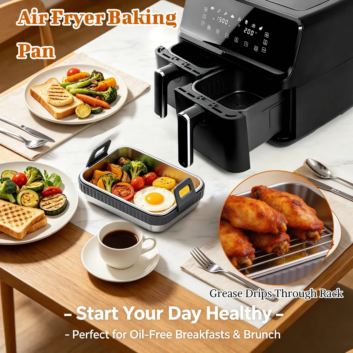 Complementos Freidora de Aire de Acero Inoxidable Compatibles Ni-nj-a Accesorios Airfryer Resistentes con Escurridor Aceite y Tapa Recipiente Air Fryer Multifunción para Hornear Freír y Asar