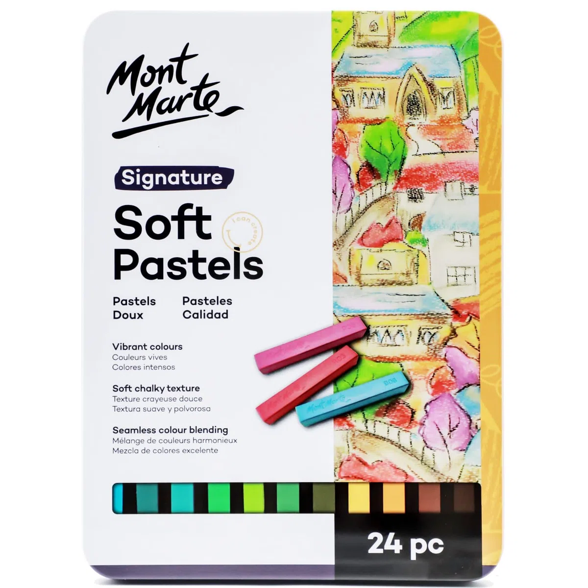 MONT MARTE Pasteles suaves en caja de lata, 24 unidades, 24 colores surtidos, barras pastel vibrantes, gran mezcla, viene en estuche de almacenamiento, ideal para arte, manualidades, colorear y
