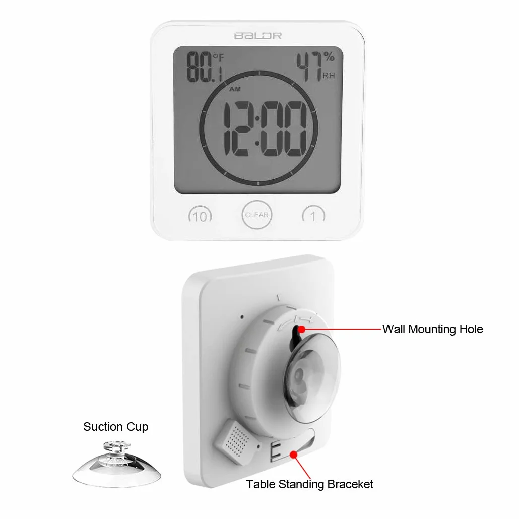 Reloj de baño Digital con Ventosa de Pared Impermeable, Pantalla Grande, Temporizador de Ducha, con Alarma, termómetro de Temperatura, higrómetro, Temporizador de Cuenta Regresiva