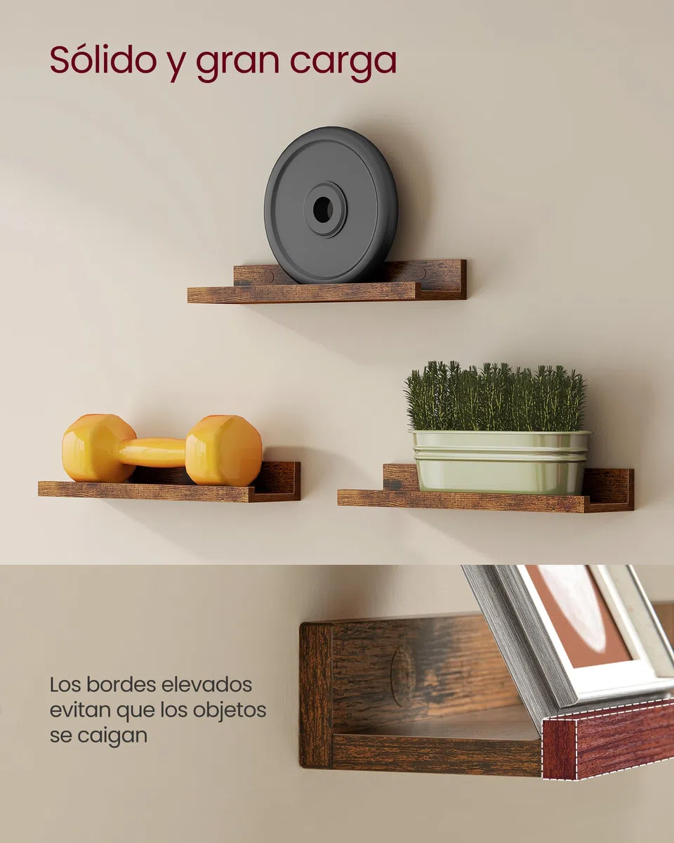 VASAGLE Custos Colección - Juego de 3 Estantes Murales, Estanterías de Pared de Madera para Marcos de Fotos y Libros, Estilo Moderno, para Baño, Cocina y Sala de Estar, Marrón Rústico LWS037X01