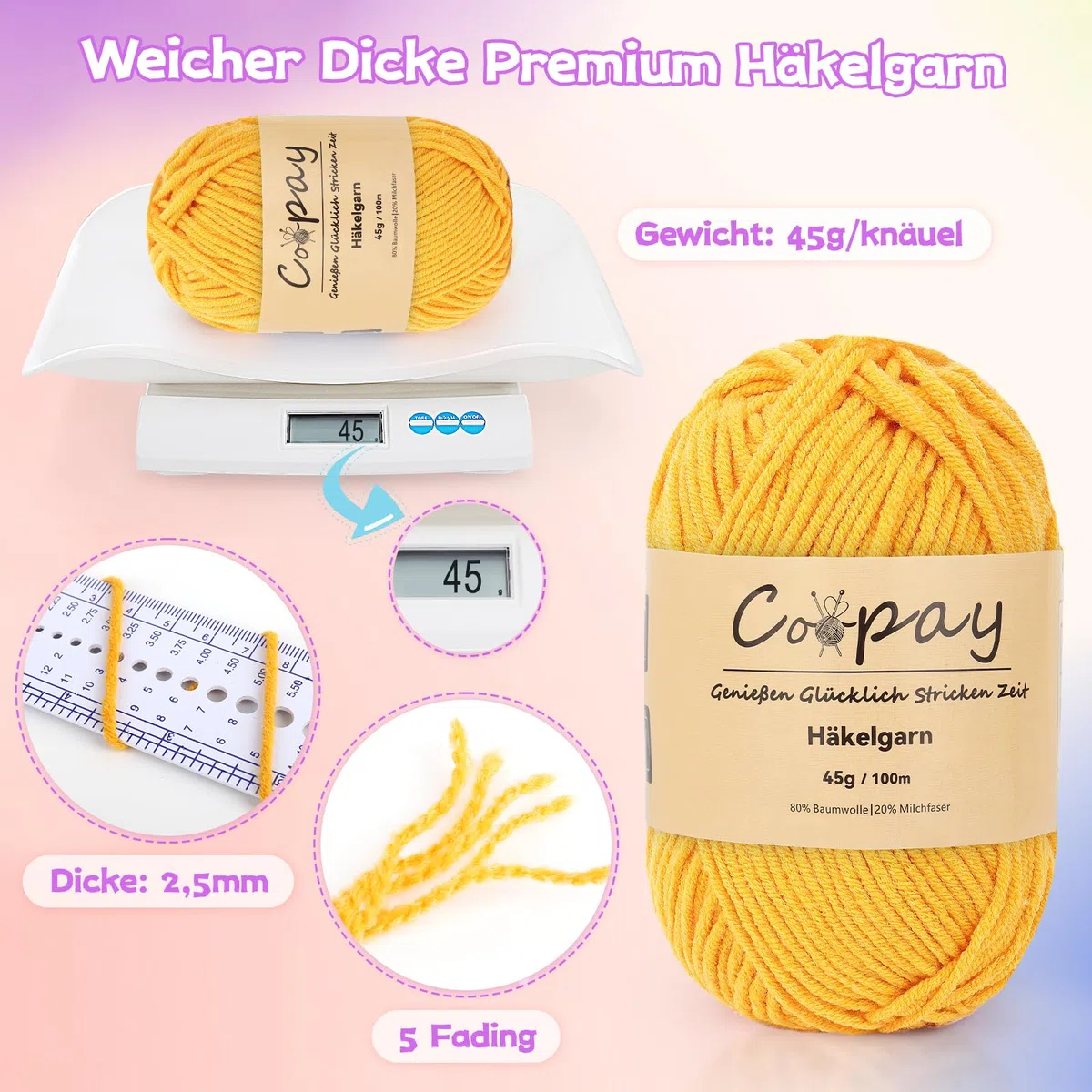 Coopay Lana para ganchillo, 225 g (5 x 45 g), 5 ovillos de lana para tejer, lana de bebé para principiantes, hilo de ganchillo súper suave para proyectos de ganchillo y punto, color blanco