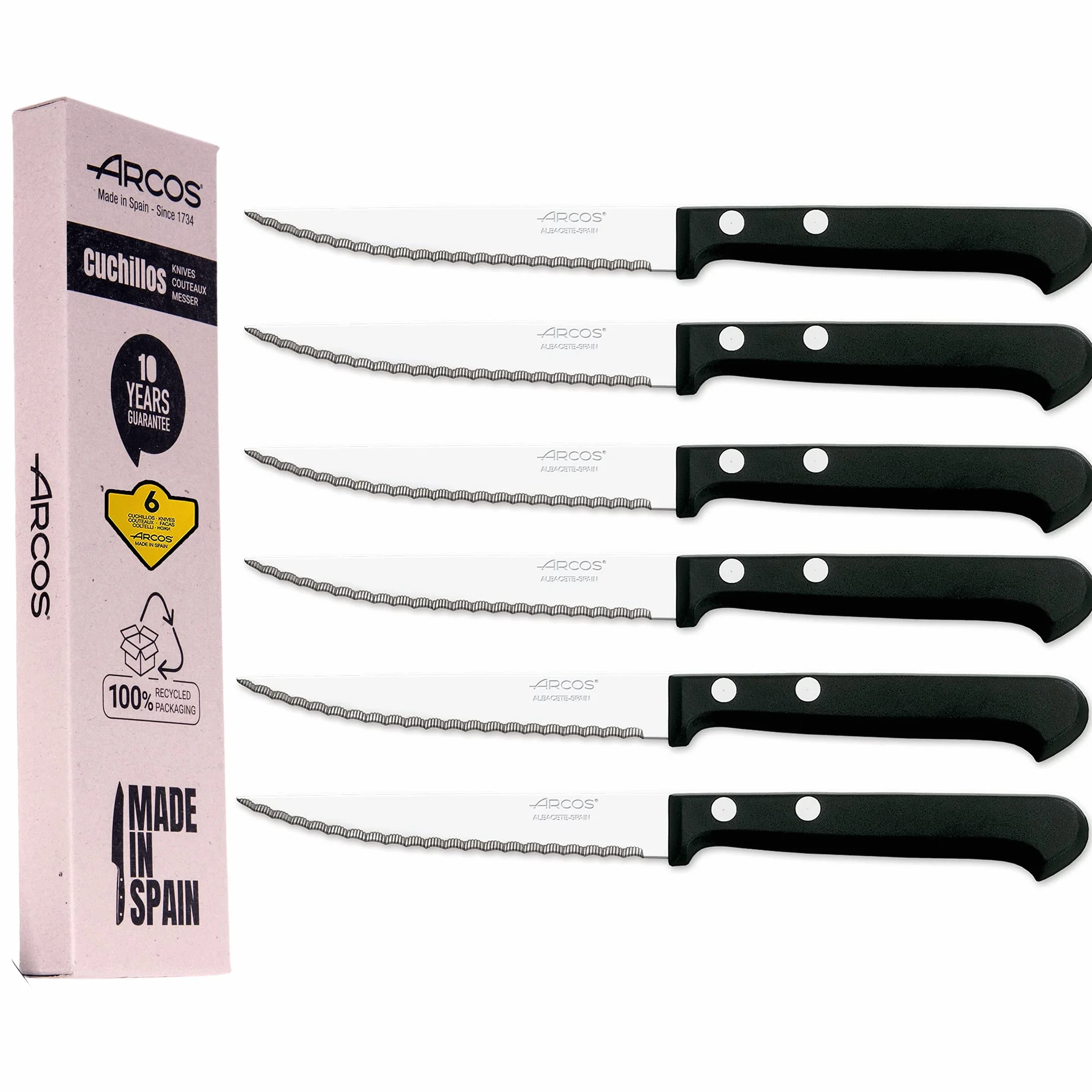Arcos | cuchillos de mesa (6 ud) | cuchillos acero inoxidable con sierra cuchillo chuletero cuchillos chuleteros | Fabricado en España