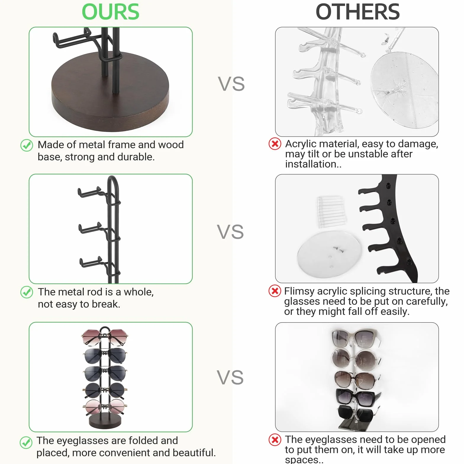 Mkono Organizador de gafas de sol, soporte para gafas de sol, soporte de almacenamiento de gafas de sol, marco de metal con base de madera para 5 pares de gafas para mesa, escritorio, encimera,