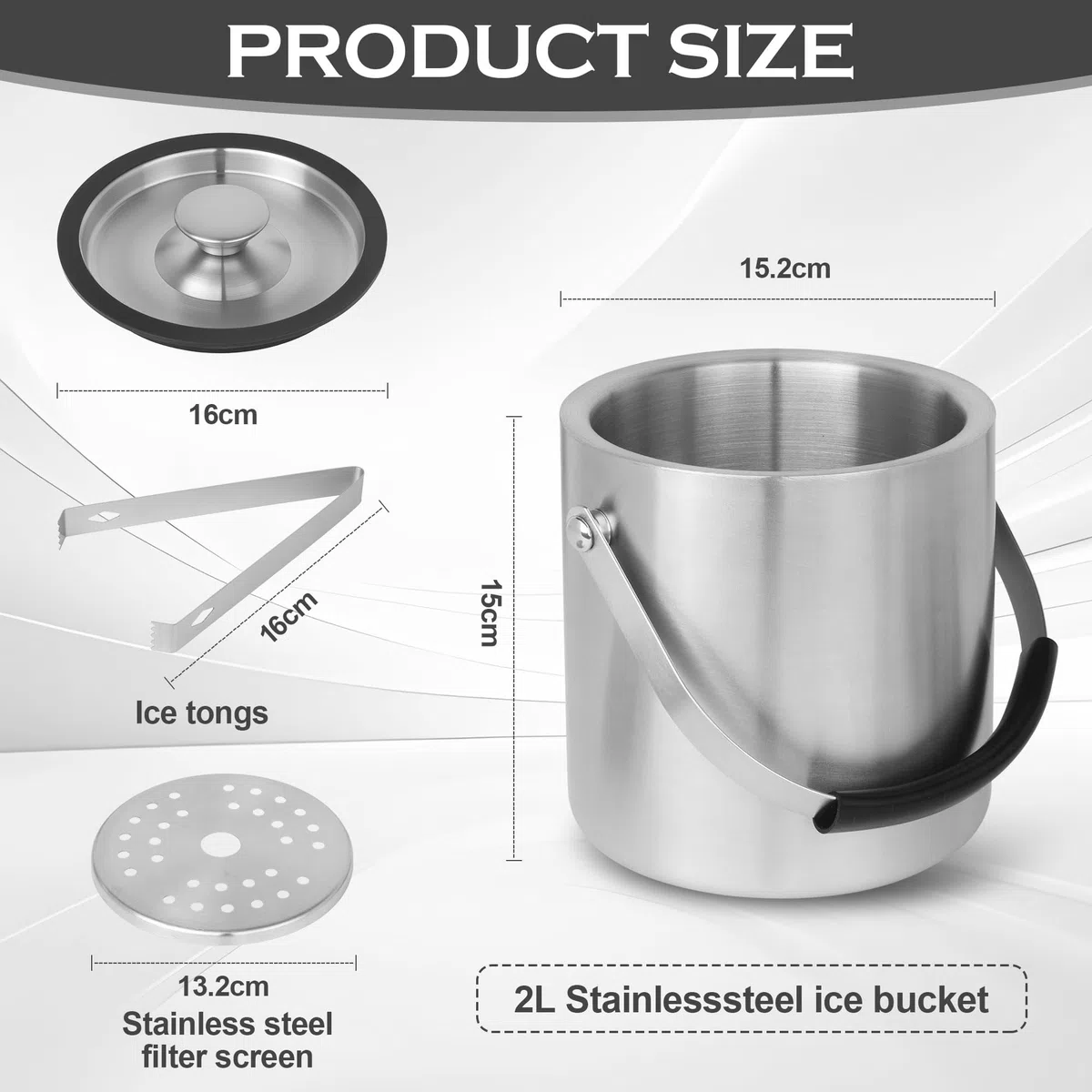 Contenedor de hielo de 2 L, contenedor de hielo de acero inoxidable de 2 L, cubo de hielo de acero inoxidable, de doble pared, contenedor de hielo con aislamiento de doble pared