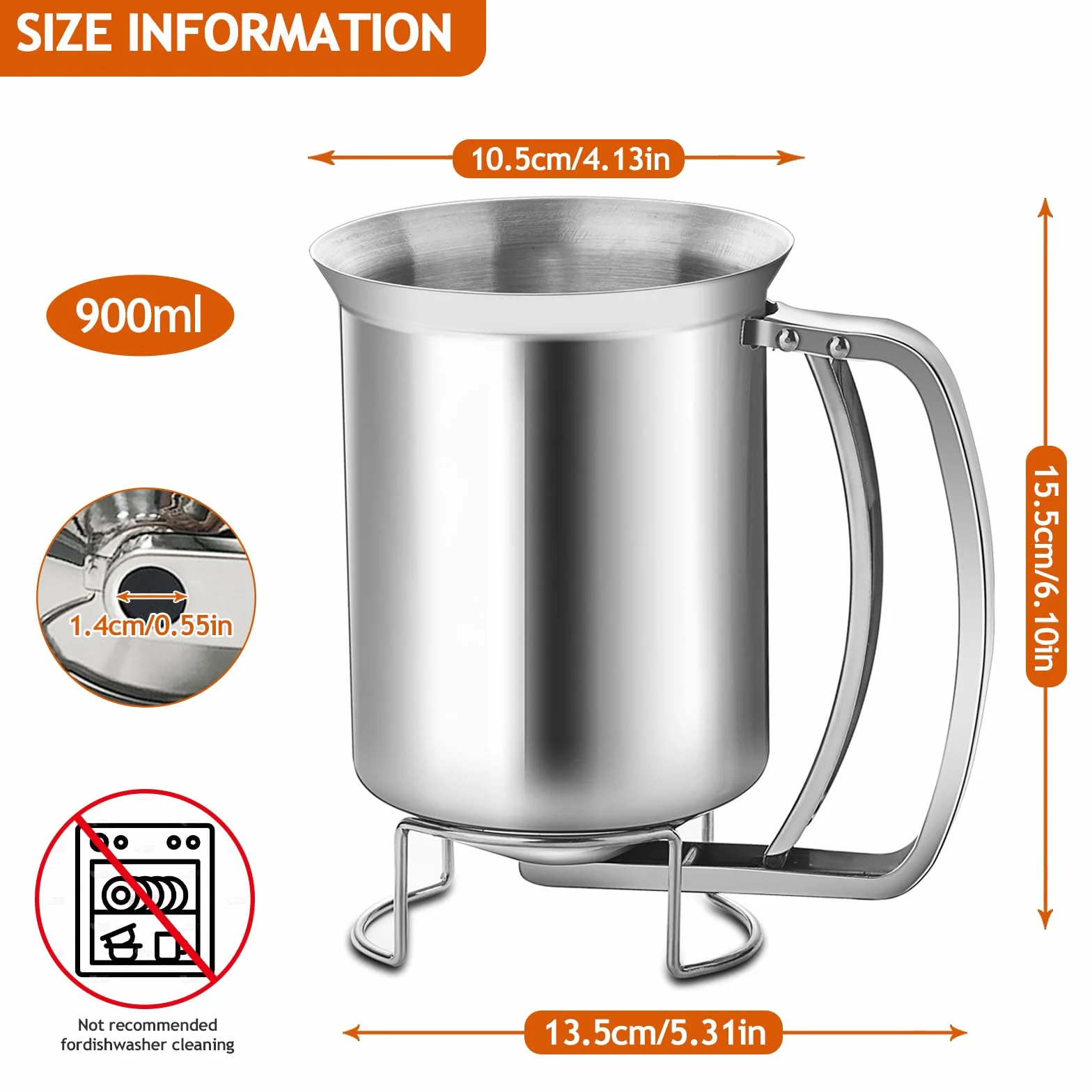 Dispensador Masa Acero Inoxidable 900ml, Dispensador Líquido Tarta Huevo con Mango Presionando, Embudo Reposteria Profesional Cocina para Pasteles, Panqueques, Magdalenas, Gofres, Crepes, Tortitas