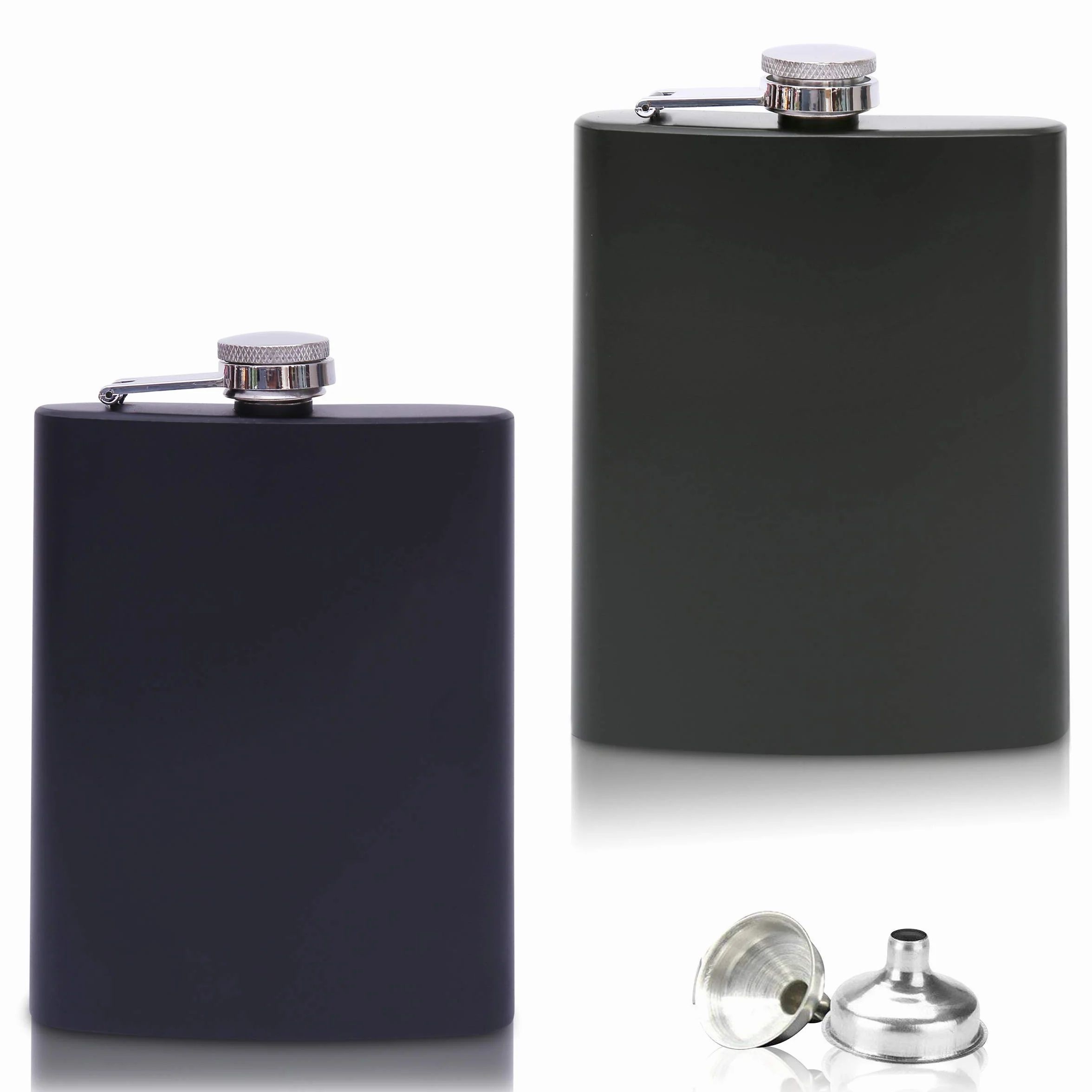 2 Petacas de Acero Inoxidable con Embudo en un Set - 8oz. 227 ml - a Prueba de Óxido - en Negro y Verde Mate - Diseño Militar Noble - Para Aguardiente y Alcohol de Todo Tipo