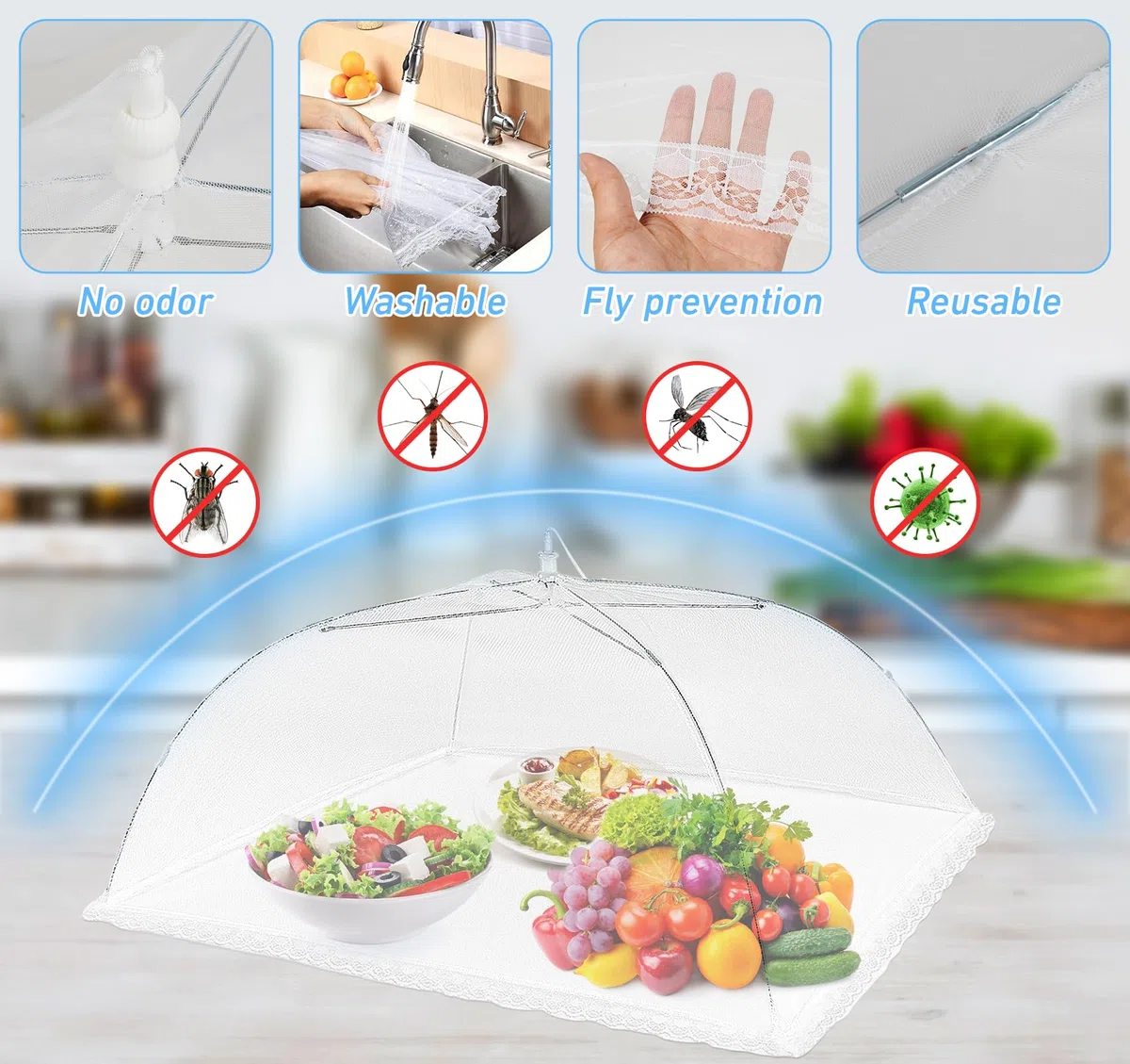 ilauke - Campana de comida plegable, 3 piezas, color blanco, campana para pastel, campana, para alimentos, antiinsectos, 100 x 60 cm, para exteriores, casa, barbacoas, viajes de camping, picnics