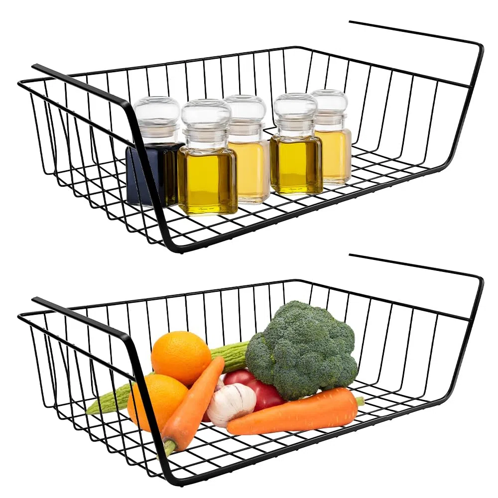 2 Pcs Cesta de Almacenamiento Colgante Para Cocina Cesta de Alambre Para Colgar Cesta de Alambre de Metal Apilables Cesta de Metal Para Almacenaje Negra Para Cocina Despensa Baño Armario