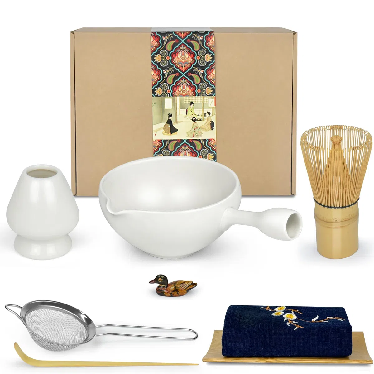 Artcome Kit de ceremonia de matcha para ceremonia de té japonesa, cuenco con boquilla de vertido y mango, batidor, cuchara de té, colador de polvo matcha, juego de té matcha para hacer Usucha, Koicha