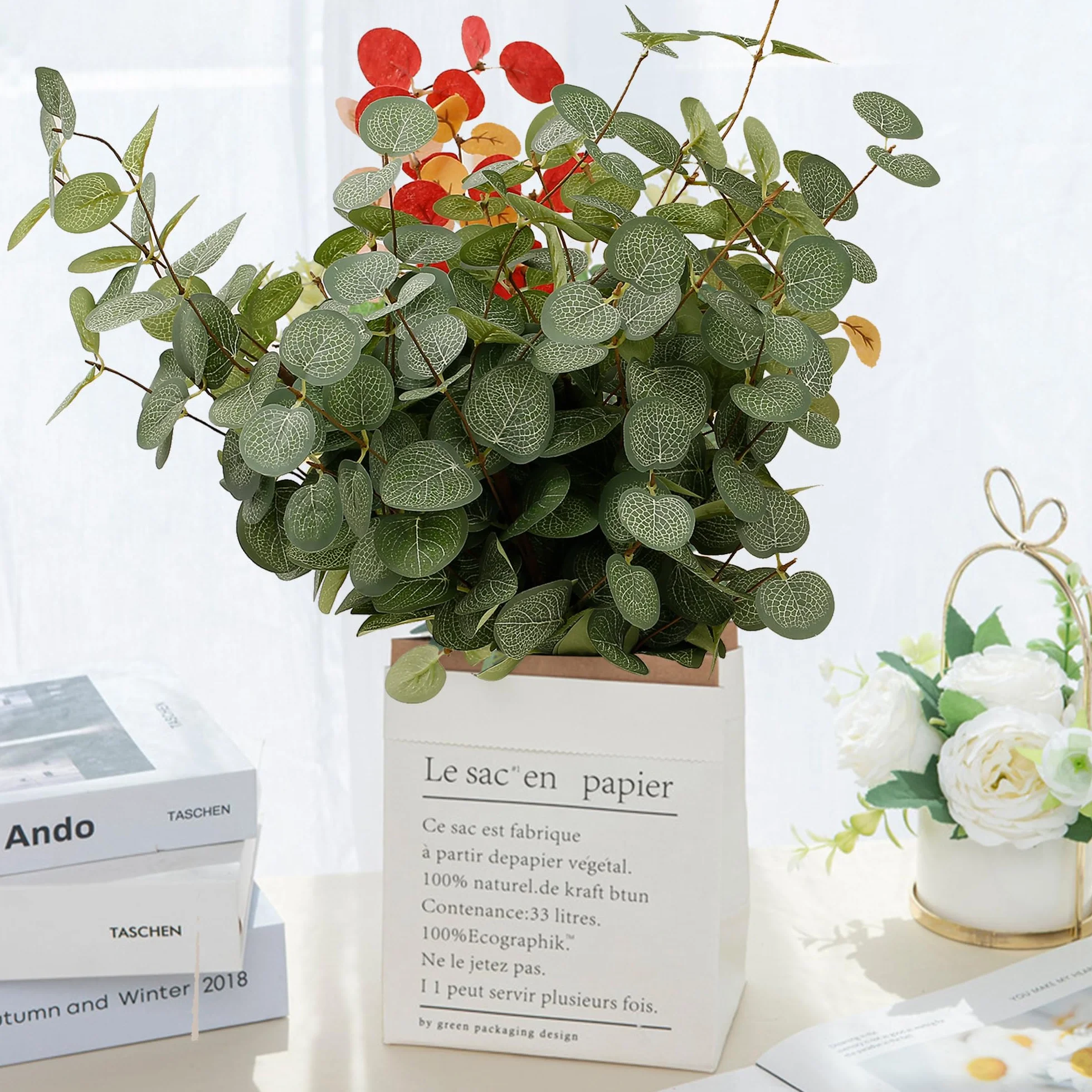 HNVNER 6 Ramos Artificiales de Eucalipto, de Seda Sintética, Follaje Verde con Hojas y Ramas, para Arreglos Florales, Decoración del Hogar, Boda o Fiesta