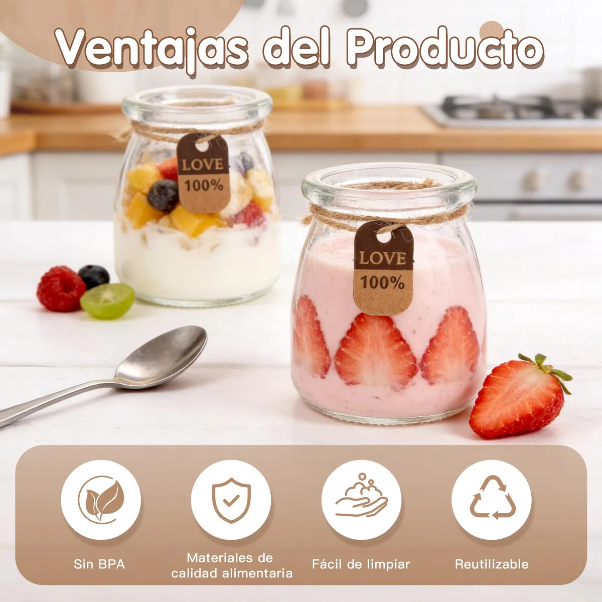 Tarros de postre con tapa, 200 ml, 12 tarros de cristal reutilizables para yogur con cepillo y cucharas, juego de alta calidad para yogur, pudín, postre y miel