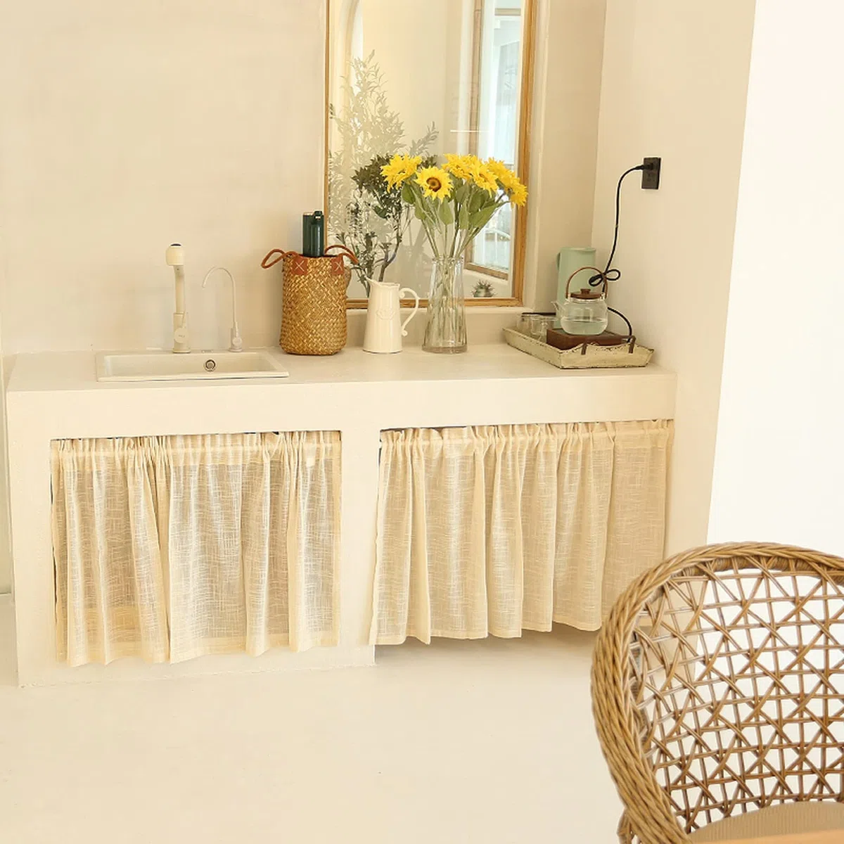 A.Monamour Cortina Cocina Ventana Puerta Corta Pequeña Beige Algodón Y Lino Transparente Translúcida Bolsillo para Varilla Panel Cenefa Rustica Bistro para Dormitorio Café Baño Habitación Terraza