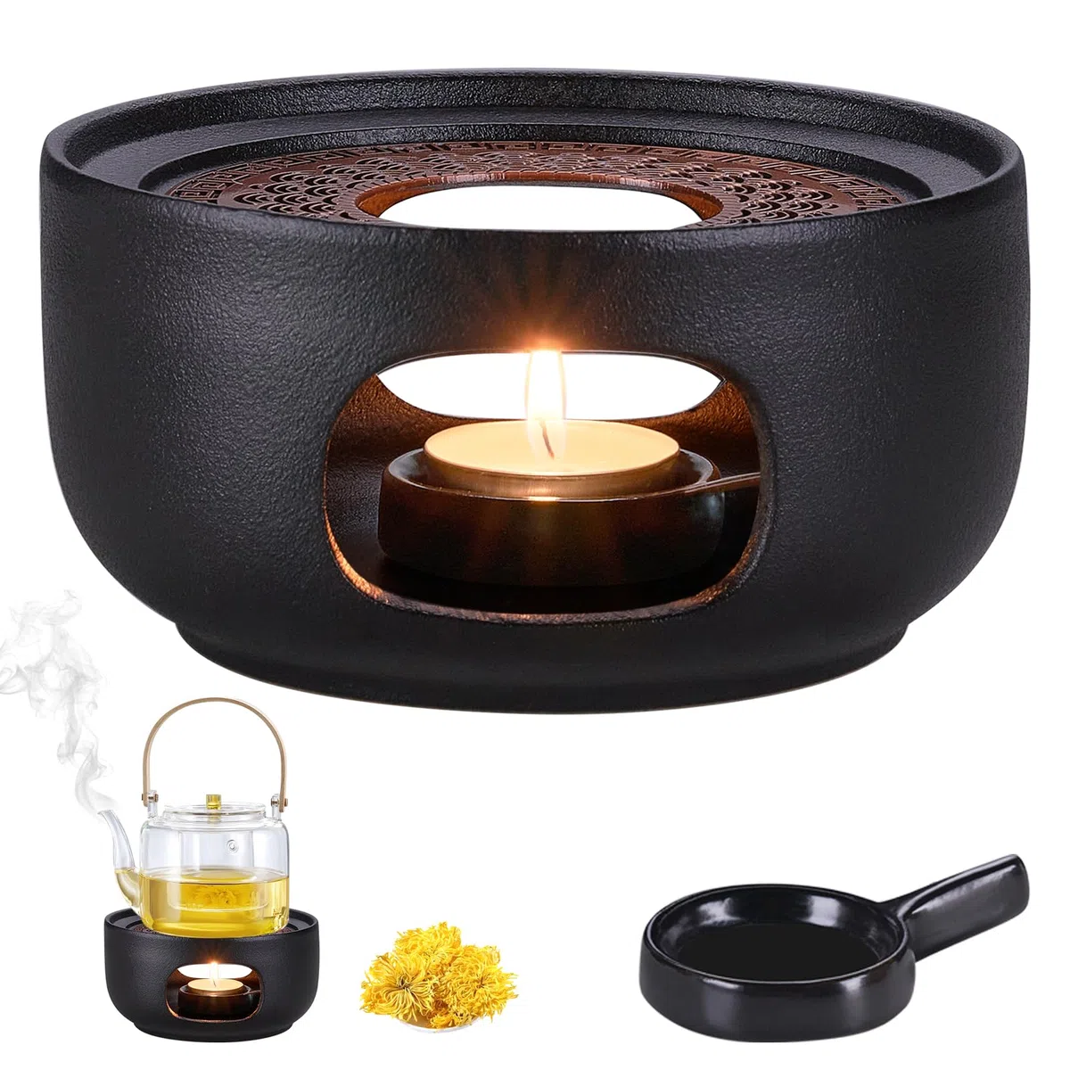 Calientaplat Calentador de Tetera, Calentador de Té de Cerámica con Portavelas, Porcelana Calentadores para Mantener Calientes Té, Café y Leche - Negro (Sin Vela)