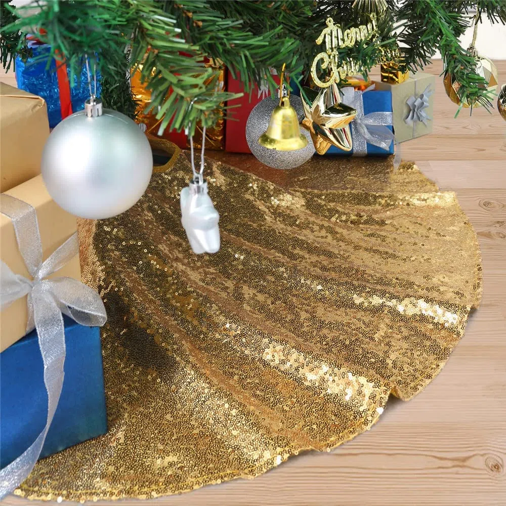 Falda Árbol Navidad para Decoración Navidad, Alfombra de arbol de Navidad, Pie de arbol de Navidad, Alfombra de Lentejuelas para Decoración Árbol Navidad, 90cm (Dorado)
