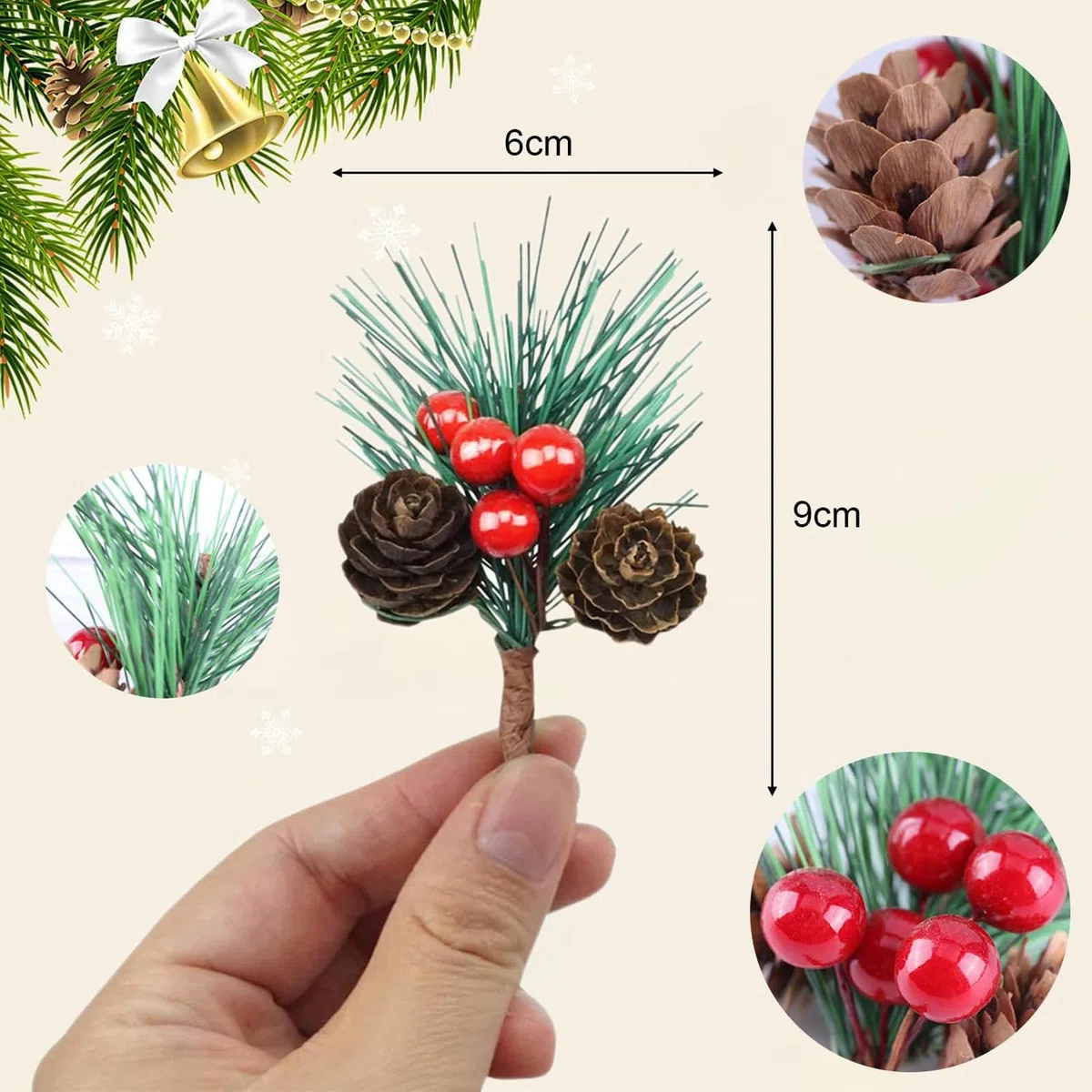 Lote de 20 Ramas de Abeto Artificial con Bayas Rojas y Piñas,Decoración de Navidad,Corona de Adviento,Guirnalda Festiva,DIY y Adornos para Árbol Navideño