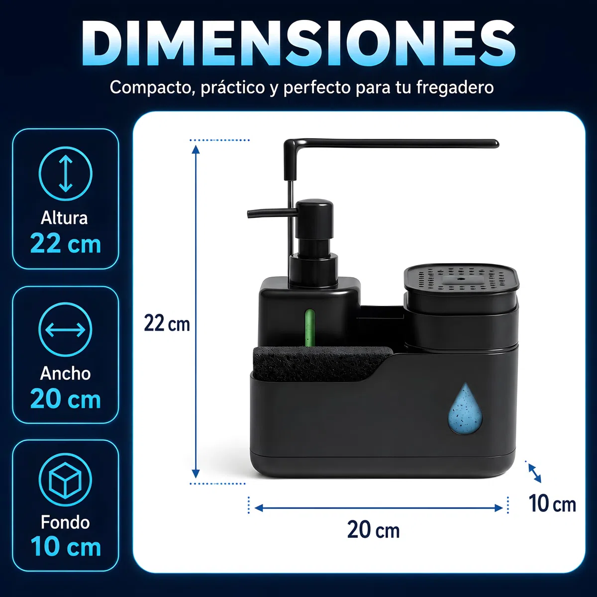 Dispensador Jabon Cocina - Dosificador Jabon Cocina - Jabonera Cocina - Organizador Cocina - Organizador Fregadero Cocina - Soporte Estropajo Fregadero (Negro)