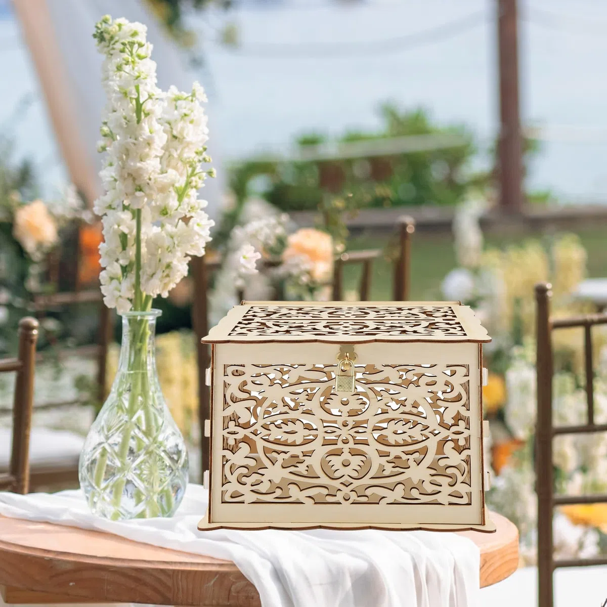 Caja de Tarjeta de Boda, Caja de Sobre Boda Hueca Bricolaje con Ranura y Cerradura, Caja de Tarjeta de Regalo de Madera, para Recepción Aniversario de Boda Baby Shower Cumpleaños Decoraciones