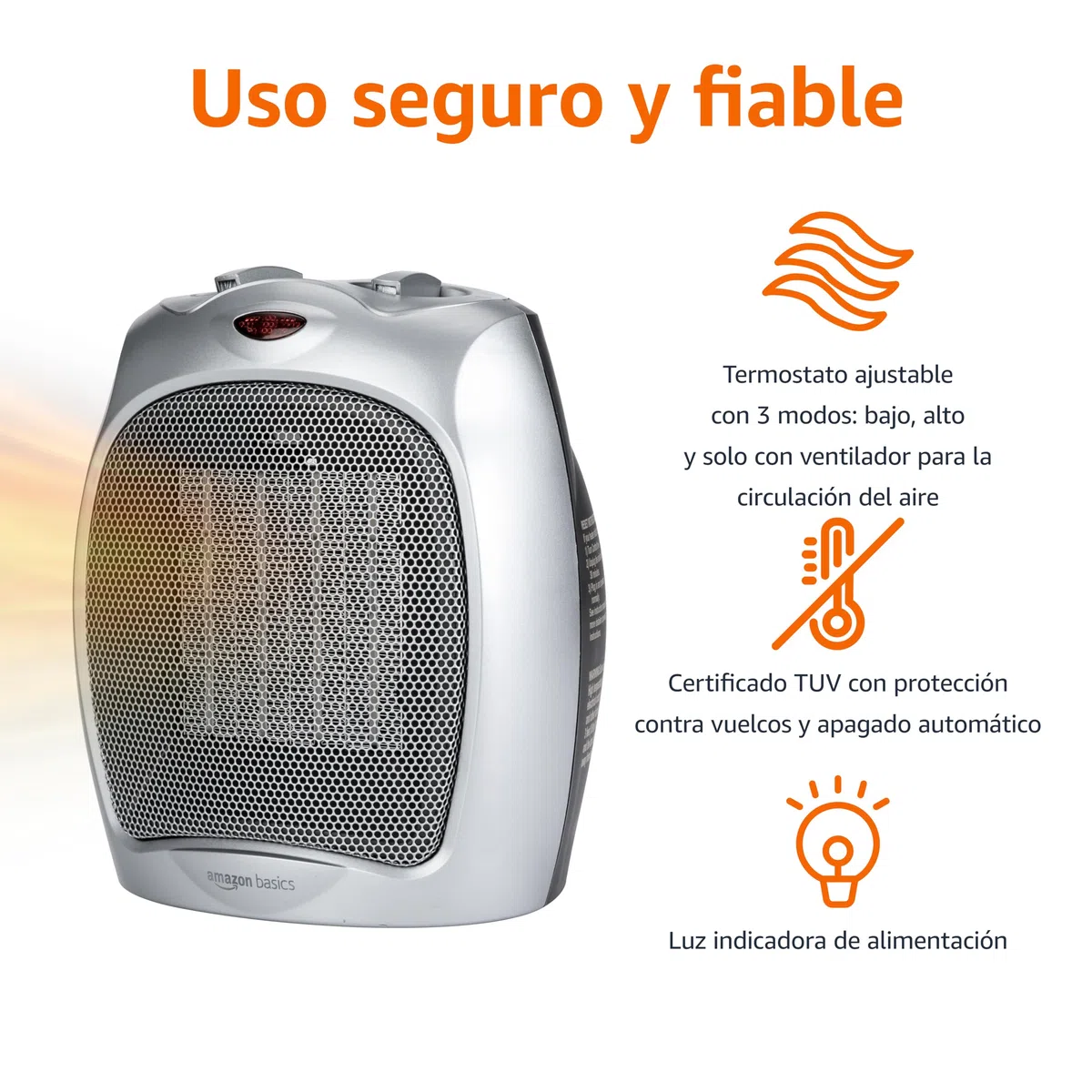 Amazon Basics Calefactor de cerámica, 1800 W, con termostato ajustable, Plateado