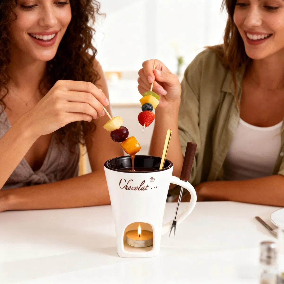 Taza de fondue de chocolate con tenedores y cuchara, calentada, multifunción, taza de cerámica para calentar mantequilla, taza para dulces y fiestas de caramelo
