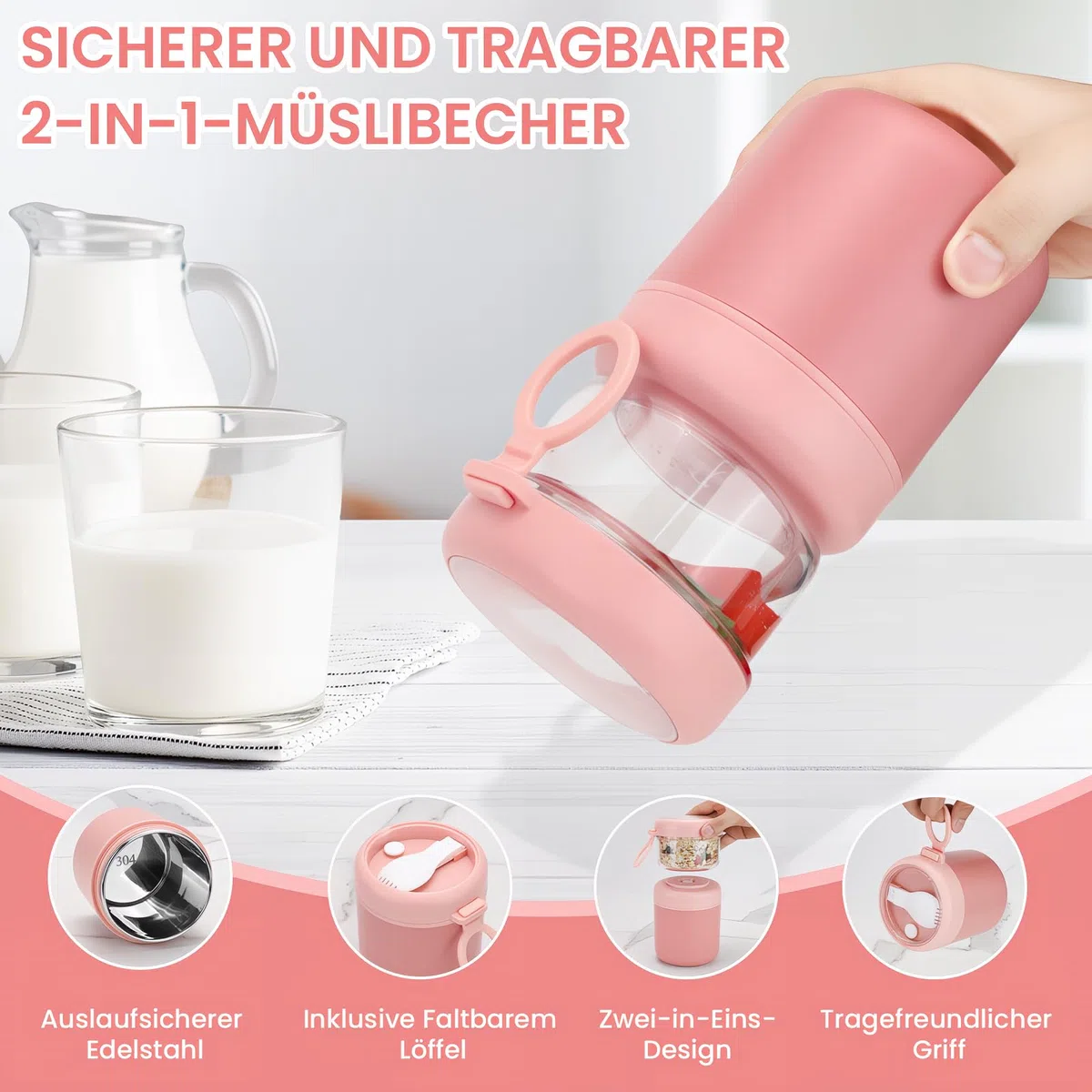 Bugucat Vaso de Cereales Para Llevar de Acero Inoxidable,530 ml + 330 ml,a Prueba de Fugas,Fiambrera Para Llevar Con Cuchara, Práctica Fiambrera Para Yogur y Cereales,Para Trabajo, Escuela,Rosa