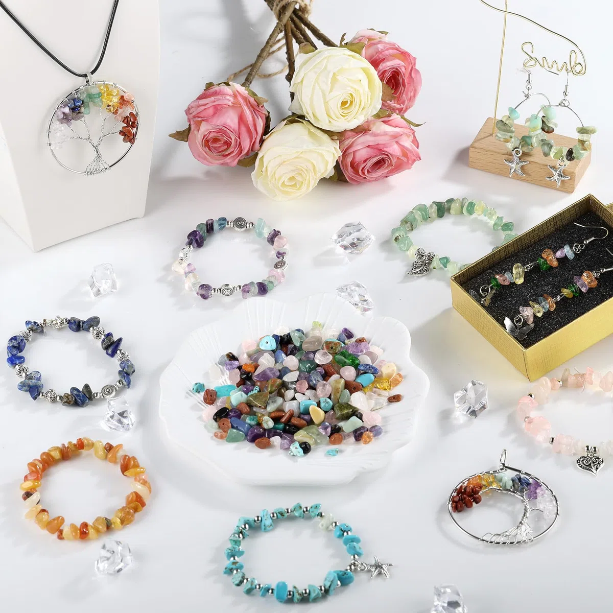 Funtopia Kit de cuentas de cristal de 32 colores para hacer joyas, 1200 piezas de cuentas de piedras preciosas naturales para adultos, 5-8 mm, cristales irregulares y chips
