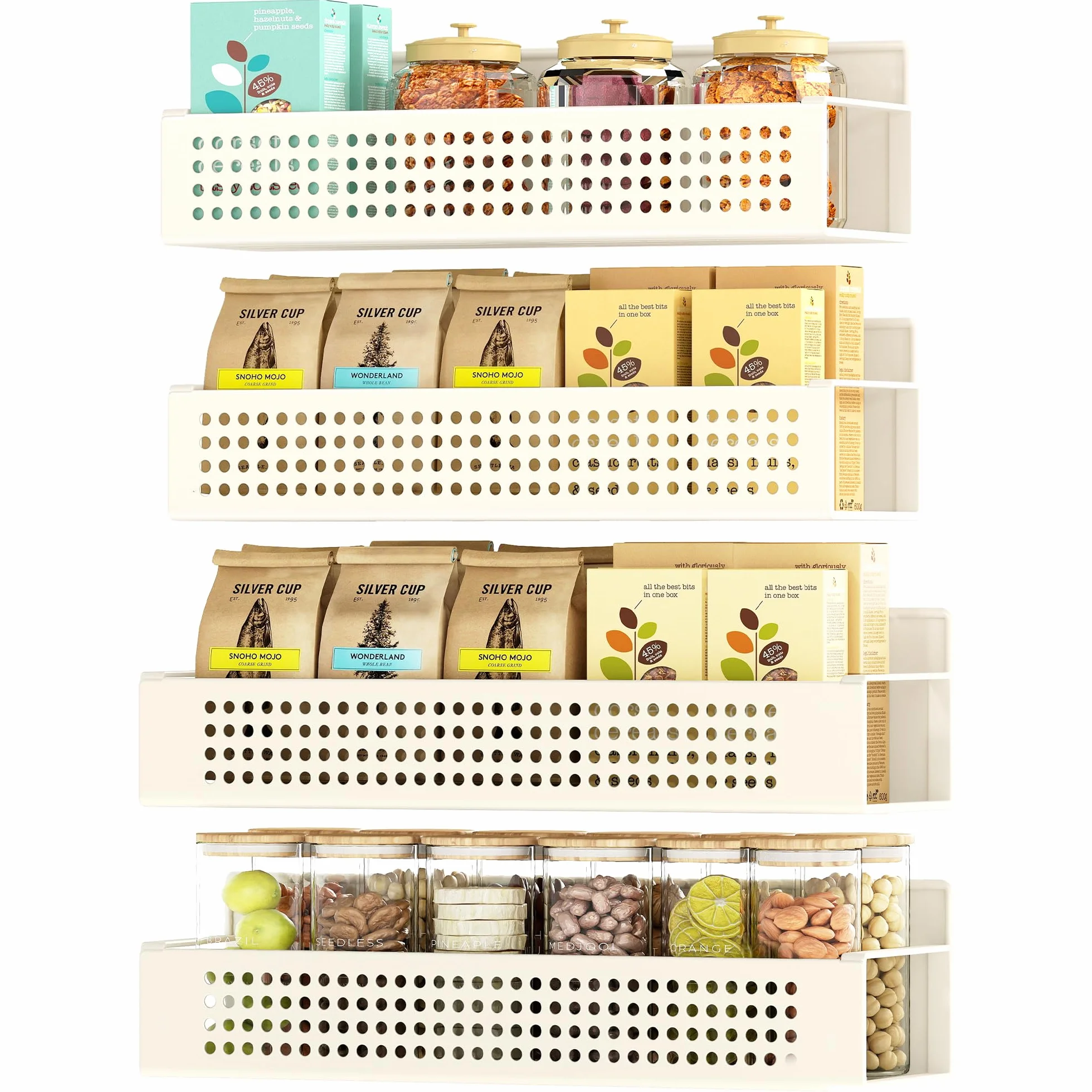 SONGMICS Especiero Magnético, Juego de 4, 2 Estantes Grandes y 2 Pequeños, Organizador de Especias sin Taladrar, para Cocina, Frigorífico, Microondas, Lavadora, Blanco Crema KCS061W01