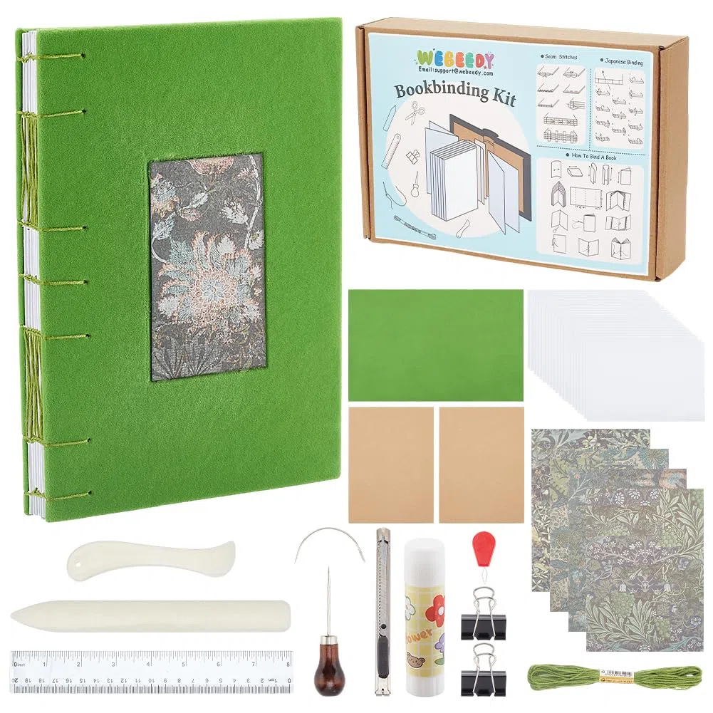 WEBEEDY Juego de encuadernación de puntada cóptica, color verde, kit de iniciación, kit de encuadernación de libros, accesorios para adultos, principiantes, diario personal, 15 x 21 cm (A5)