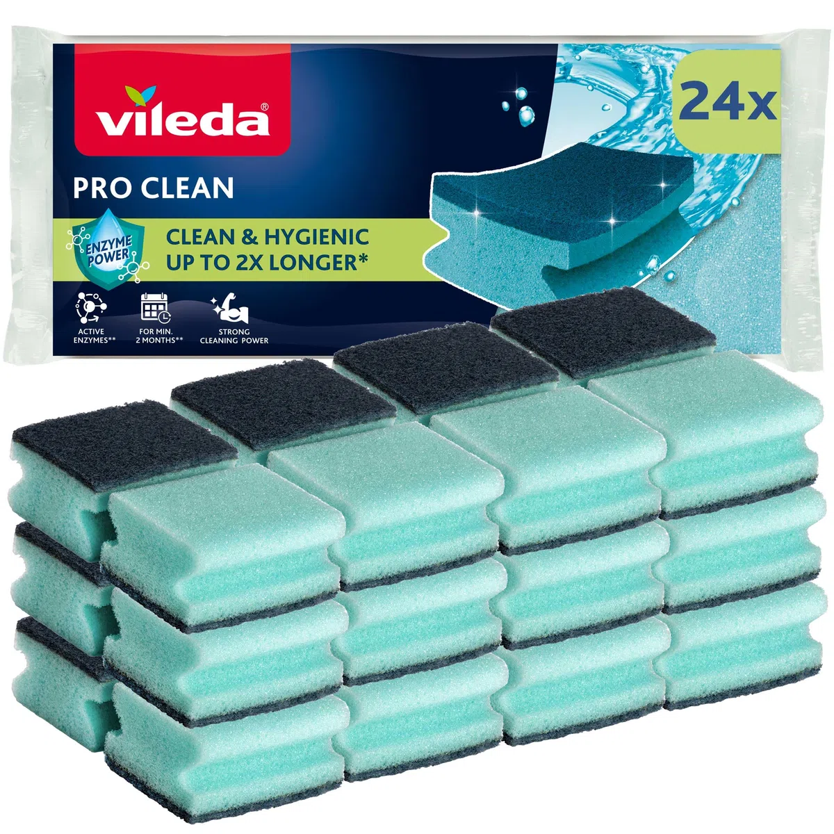Vileda ProClean Estropajo Limpiador de Alta Espuma con Enzimas Naturales, Esponja para Fregar, Paquete de 24, Alta Absorción, Diseño Ergonómico