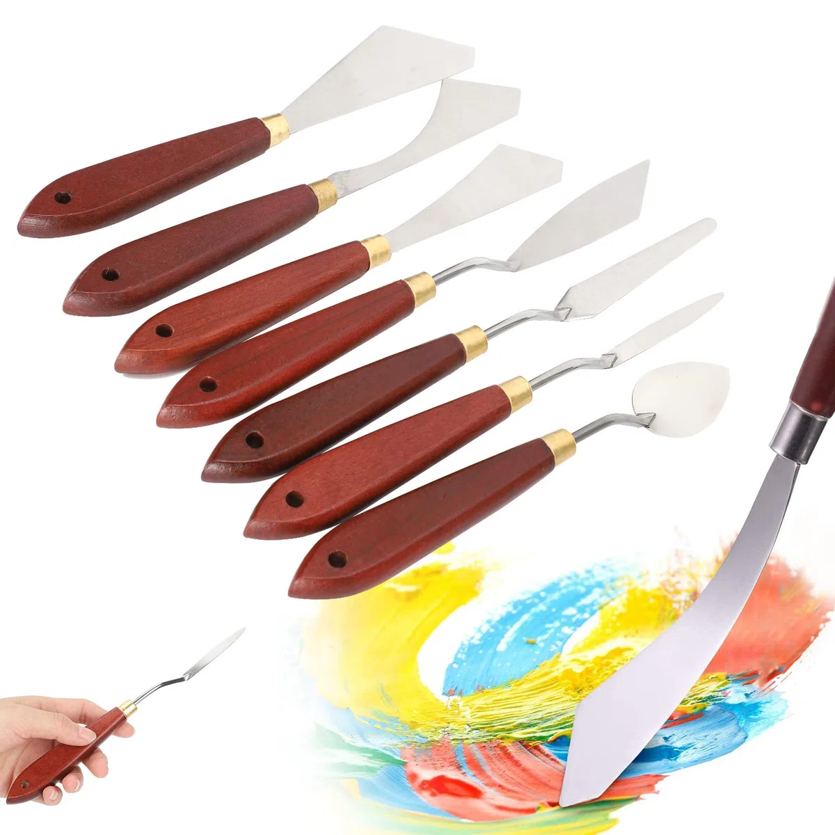 Juego de cuchillos de pintura de 7 piezas, juegos de cuchillos de paletas de acero inoxidable para pintar, raspador de mezcla de pintura Accesorios de pintura al óleo con mango de madera