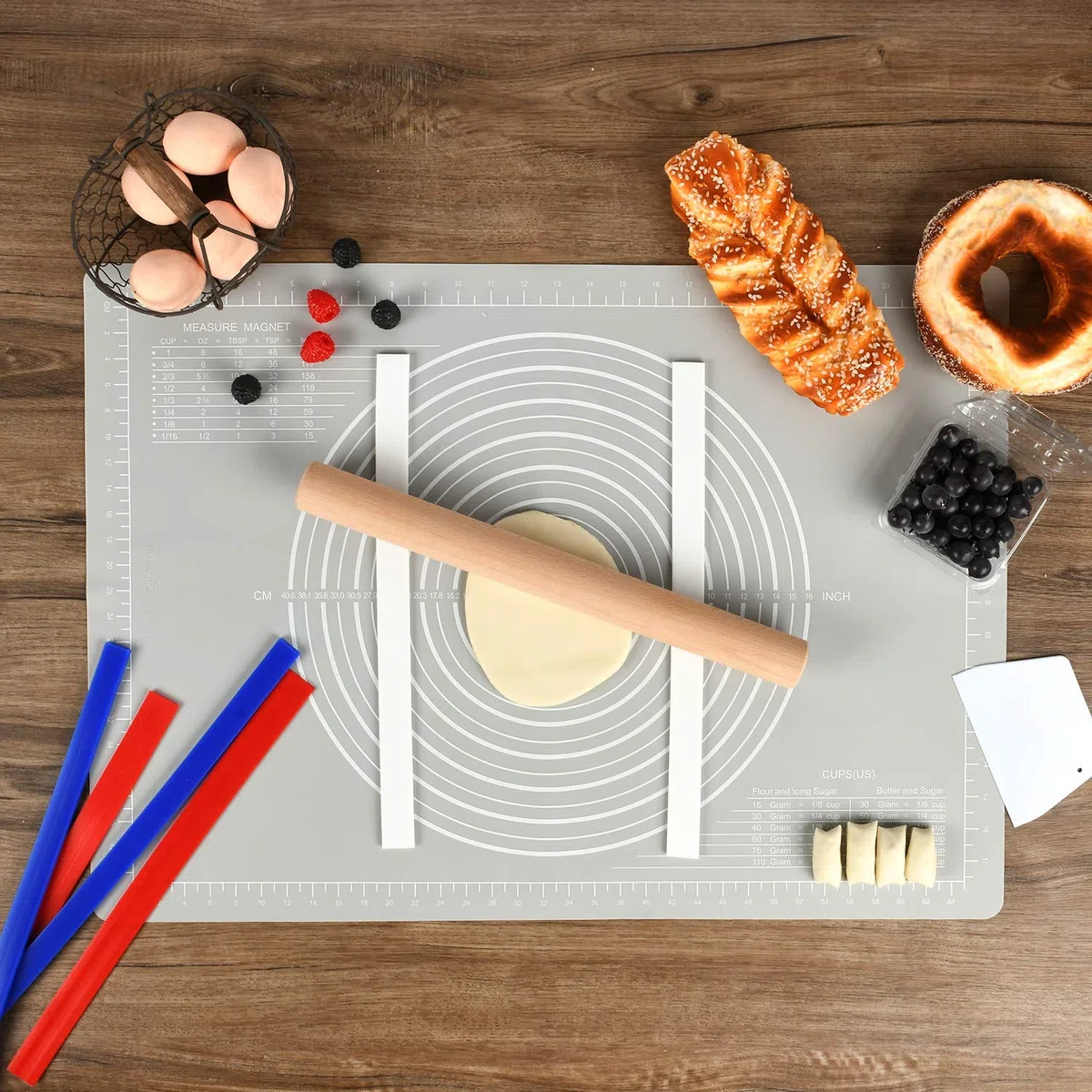 SUPER KITCHEN Tapete de Silicona para Hornear con Cortador de Masa, Tapete de Antiadherente para Amasar, Estera de Antideslizante Pastelería, Tapete para Fondant, Pasta, Pizza, Torta (Gris, 71x51cm)