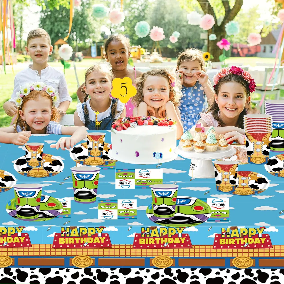 Juego de vajilla para fiestas Toy Story de 61 piezas, decoraciones para fiestas de cumpleaños infantiles, que incluye vasos, platos, manteles y servilletas, con capacidad para 20 invitados