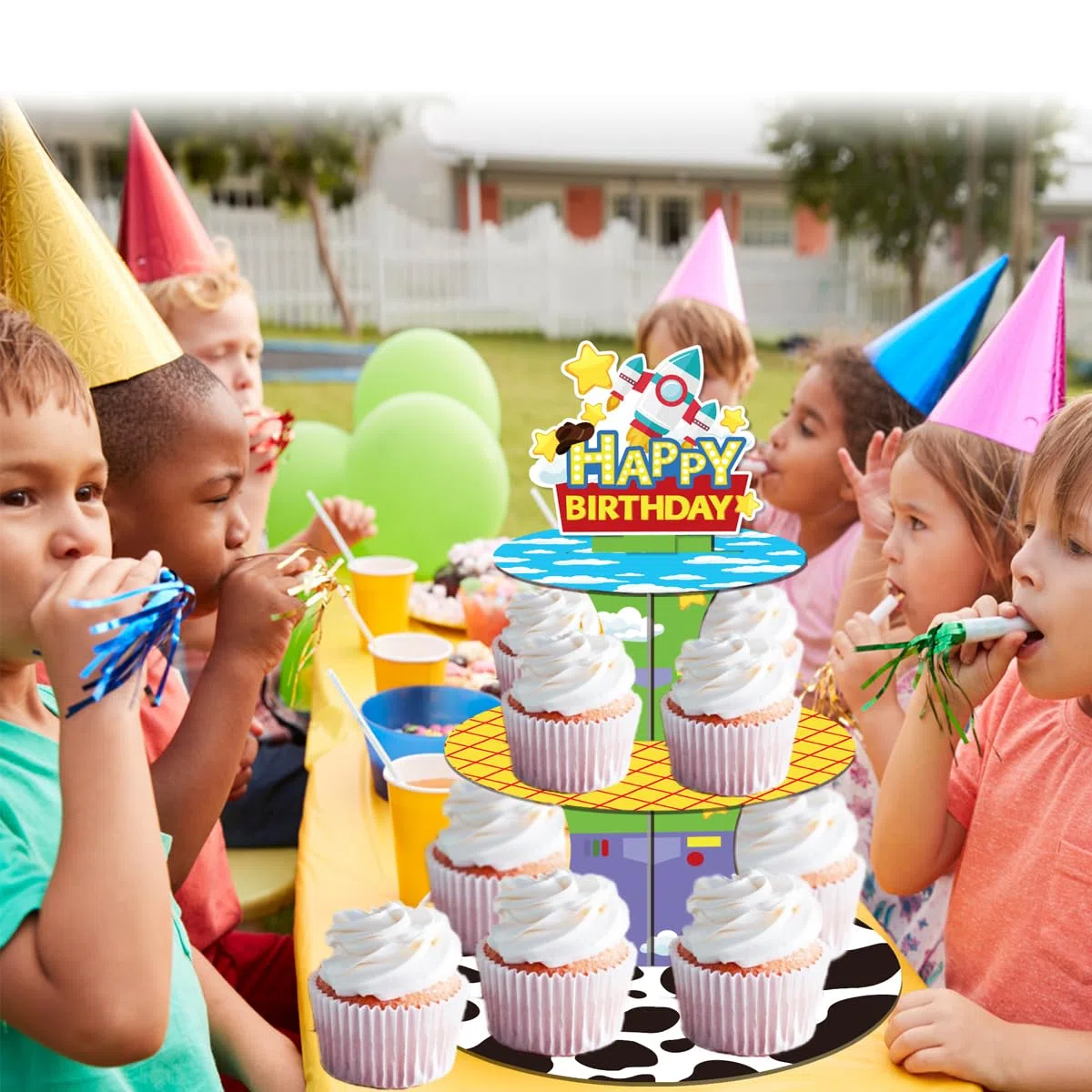 Soporte para Cupcakes de Cartoon Story, Película Animada Torre de postres de 3 Pisos, Decoración de la Tarta Tema Toy, para Decorativo de Fiestas de cumpleaños para niños y Adultos