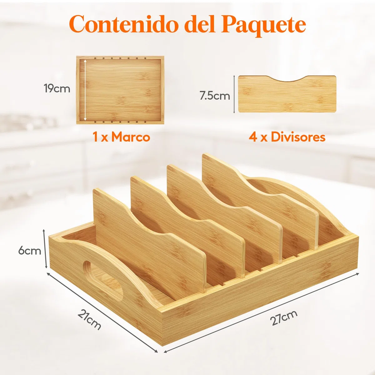 Lifewit Organizador Tapas de Bambú, Salvaspazio Organizadors Platos Armario Cocina con con 4 Divisores Ajustables, Soporte para Tapas de Recipientes de Almacenamiento de Alimentos, 27 x 21 cm