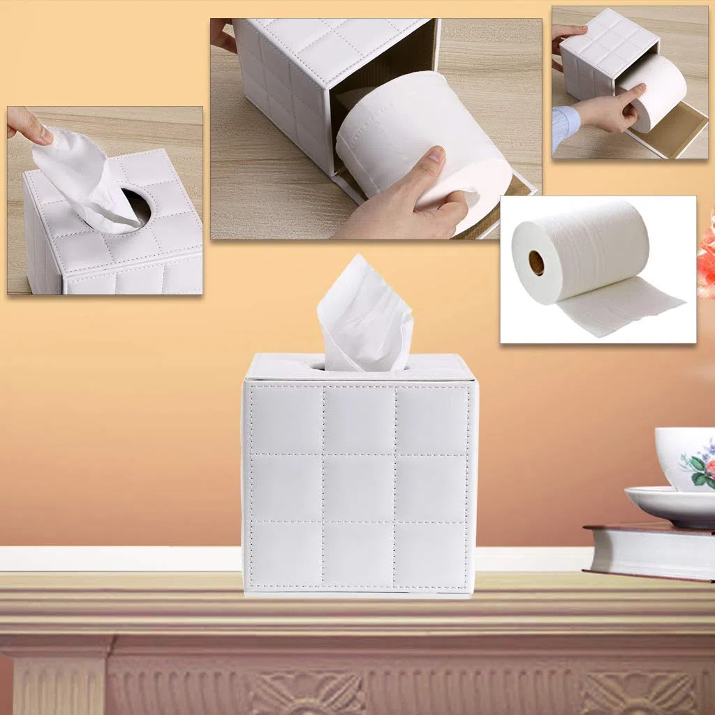 BTSKY Soporte para caja de pañuelos de piel sintética, para el hogar, oficina, pañuelos, servilletas, organizador de escritorio (cubo blanco)