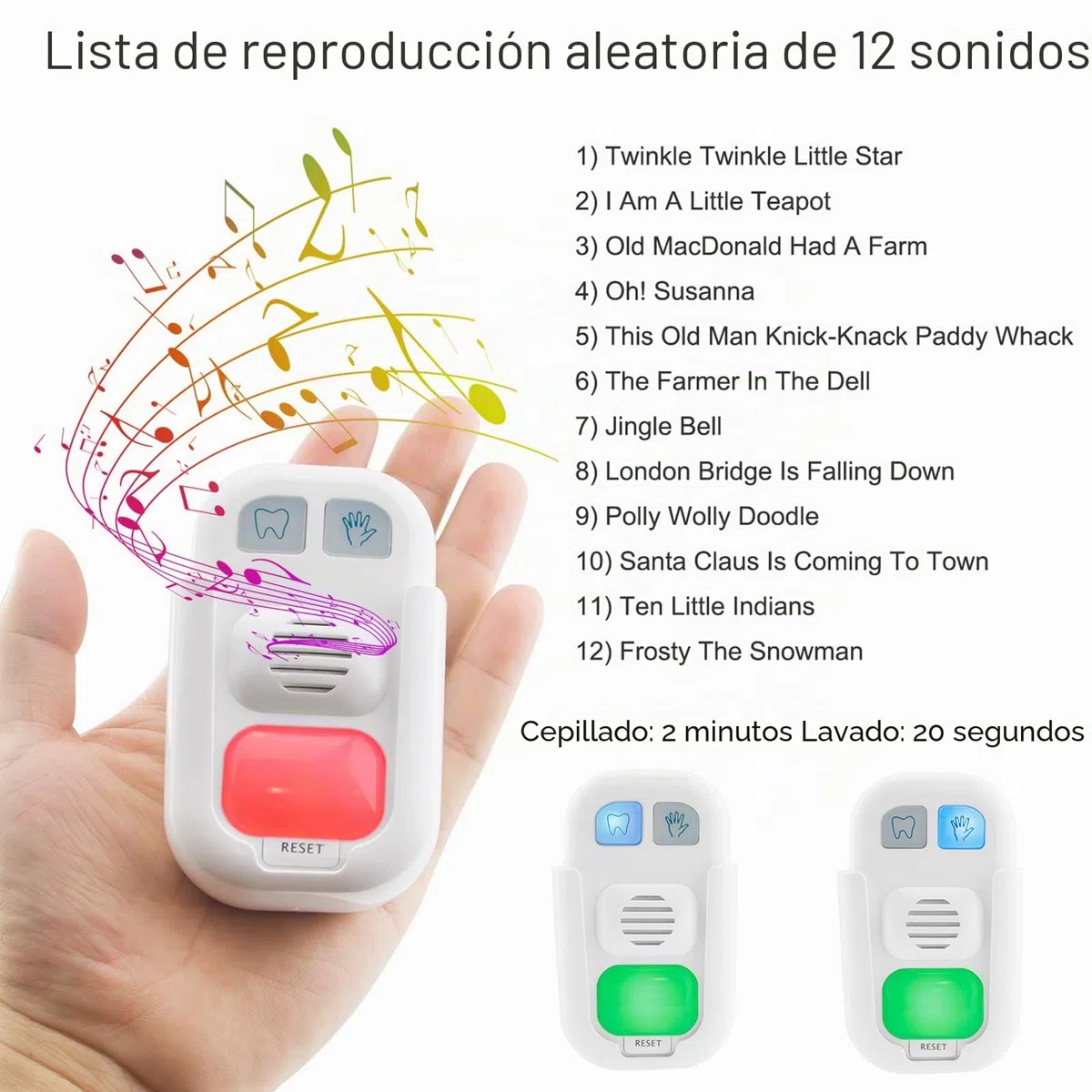 BIGLIGHT Temporizador LED para niños: 2 minutos por cepillo de dientes, 20 segundos para lavarse las manos, 12 canciones