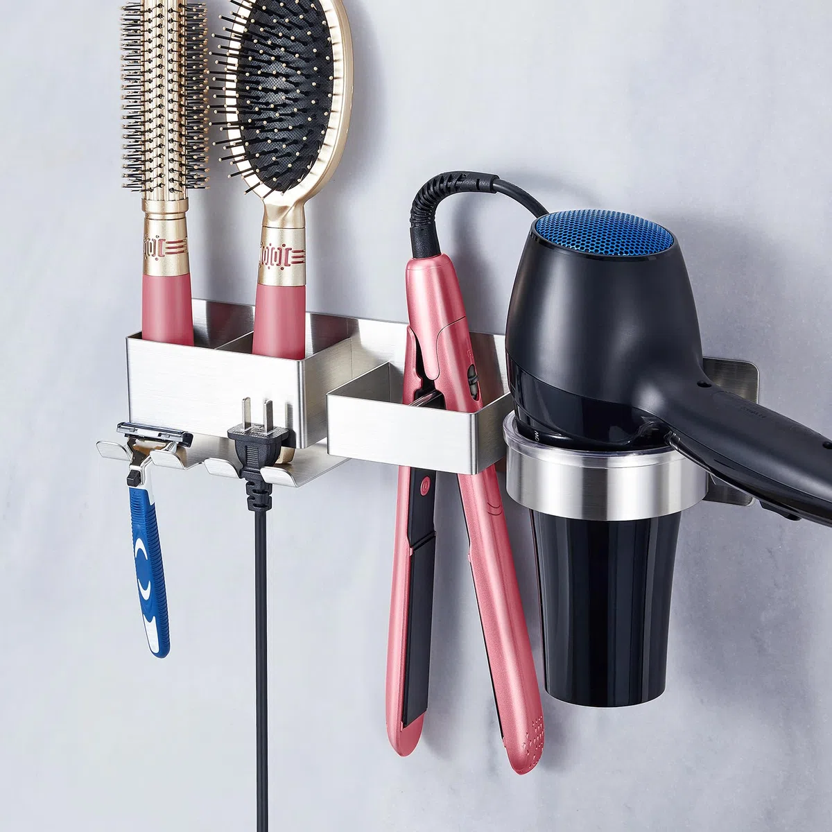 Soporte secador de Pelo, Soporte secador Pelo y Plancha, Colgador secador Pelo con 2 Compartimentos y Organizador de Cables, Acero Inoxidable Soporte Plancha Pelo para Baño Dormitorio Hotel