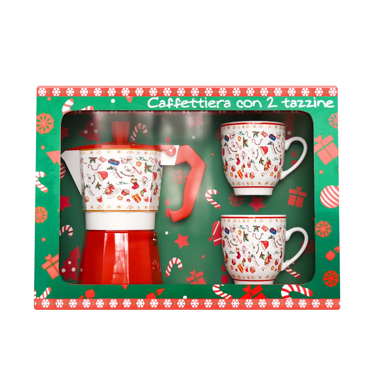 ICE TOYS Juego de café con cafetera de aluminio y 2 tazas de cerámica, altura 14 cm, ideal para regalo de Navidad