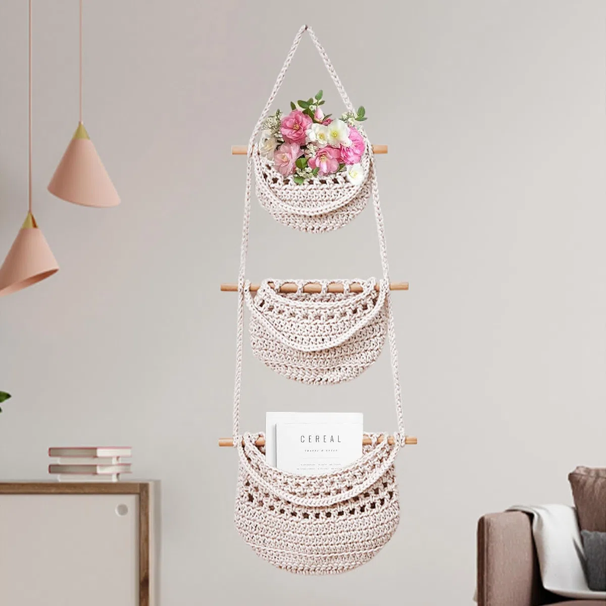 Cesta Colgante de Frutas, Hecha a Mano Cesta de Fruta, Cesta de Frutas Colgantes de Tejido, Diseño Desmontable, Adecuado Para Almacenar Fruta, Verdura, Aperitivos y Otros Artículos, Beige
