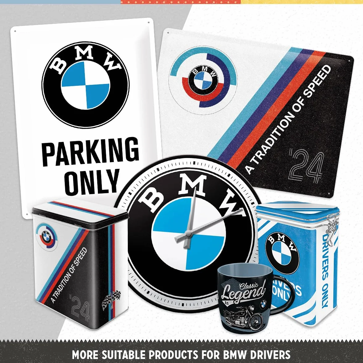 Nostalgic Art BMW Parking Only White - Placa Decorativa, Metal, 20 x 30 cm, Color Blanco y Azul