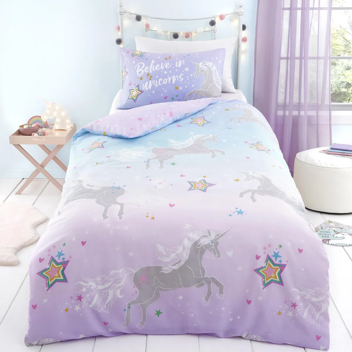 Bedlam - Funda de edredón de Unicornio Que Brilla en la Oscuridad - Tamaño Individual (200 x 140 cm) - Reversible (2 diseños) - Estrella mágica y Unicornio para niñas - Rosa Lila
