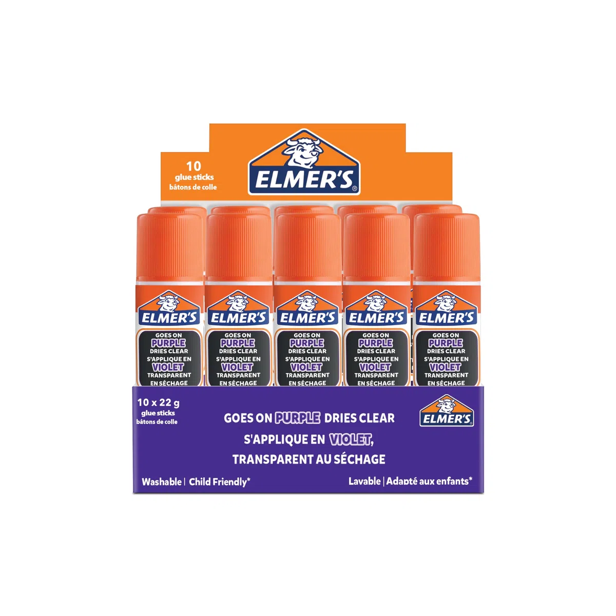 Elmer's barras de pegamento de color morado que desaparece | Se queda transparente al secarse | Ideal para clase y manualidades | Lavable y apto para niños | 22 g | 10 unidades