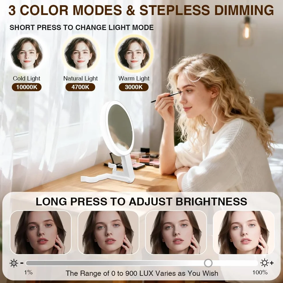 AUAUY Espejo Maquillaje con Luz, Aumento 30X/1X, Espejo Espelho Maquilhagem Portátil, 3 Modos de y Brillo Ajustable, Colgar Pared de Mesa Mano Portátil, para Dormitorio, Tocador, Viajes - Blanco