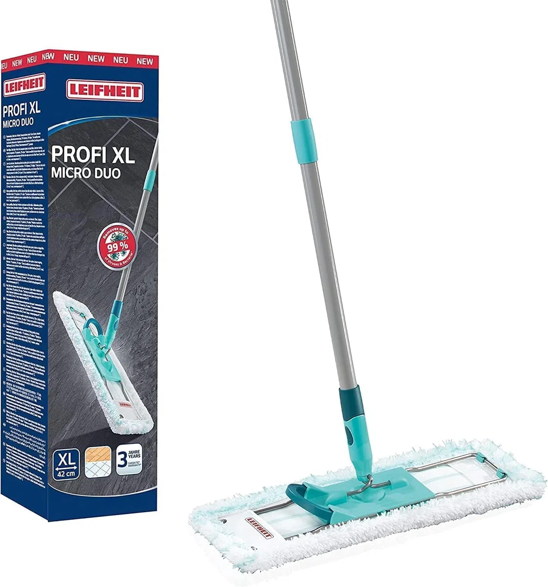 Leifheit Mopa Profi XL micro dúo con palo de acero, mopa flexible con articulación giratoria, mopa fregona para superficies grandes