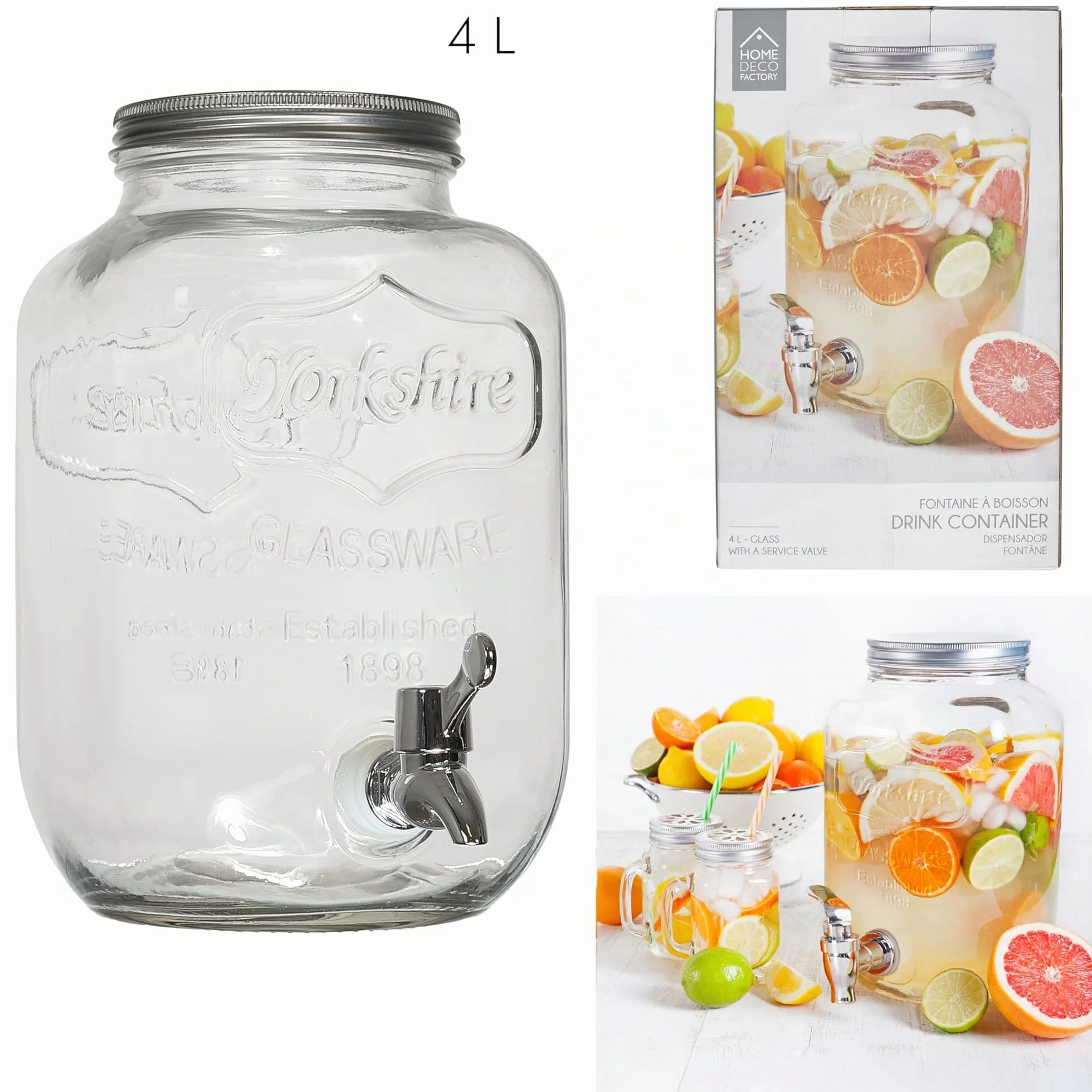 HOME DECO FACTORY - KV7169 Dispensador de Bebidas de Vidrio con Grifo 4 L - Diseñado para Casa y Eventos - Tapa Incluida - Capacidad 4 L - Elegancia y Práctica