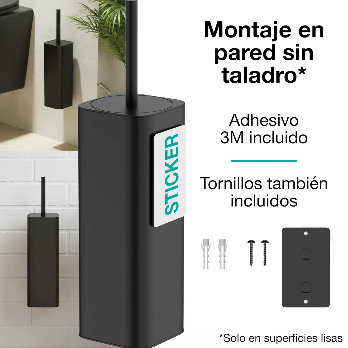 Escobilla WC de Pared - Escobilla Silicona y Soporte Metálico - Sin Taladro - Fijación Mural con Adhesivo o Tornillos - Cepillo de Baño - Negro Mate - WC3680